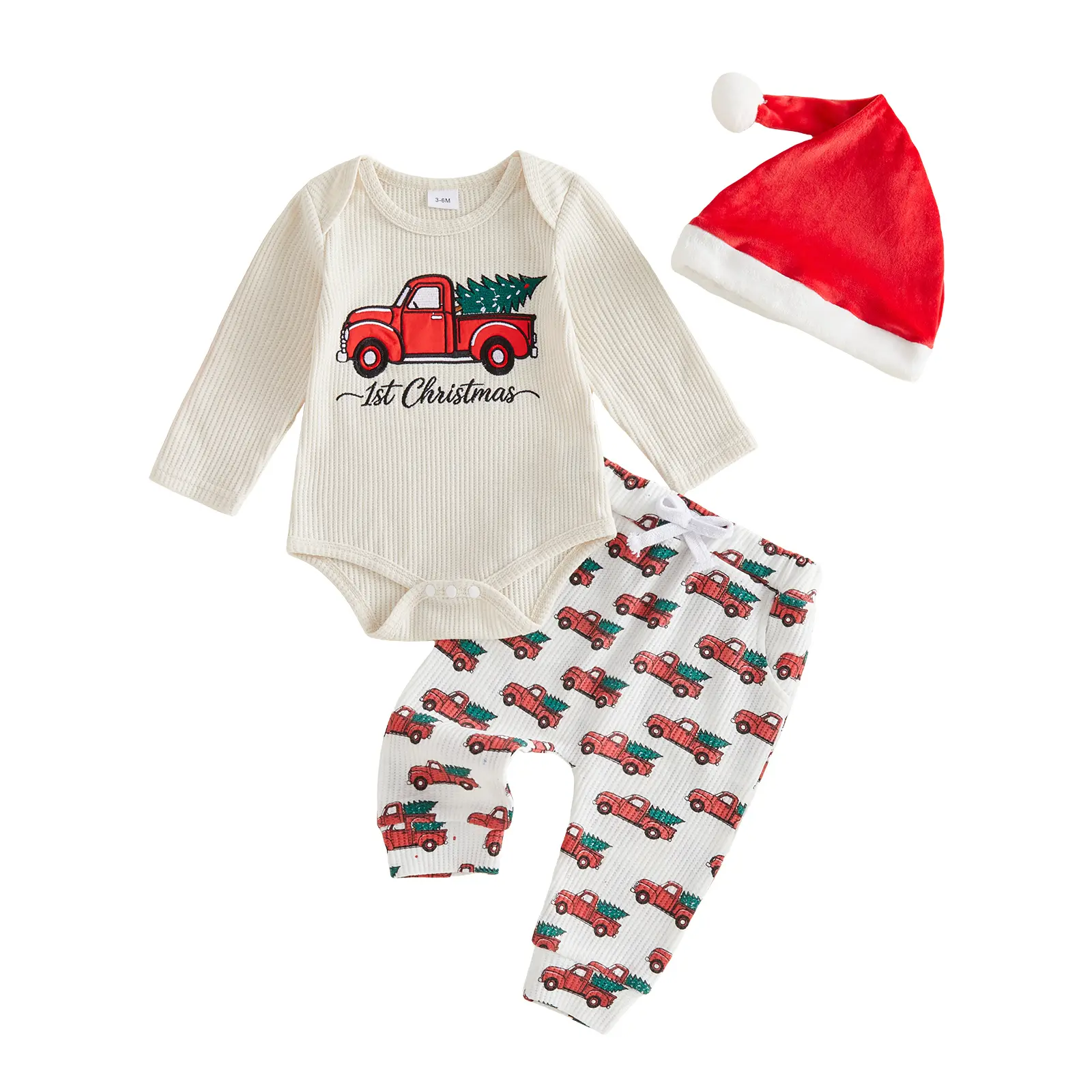 Infant Baby Boy Christmas Outfit Tree Truck Long Sleeve Romper Pants and Santa Hat 3 Piece Waffle Set 0-18 Months