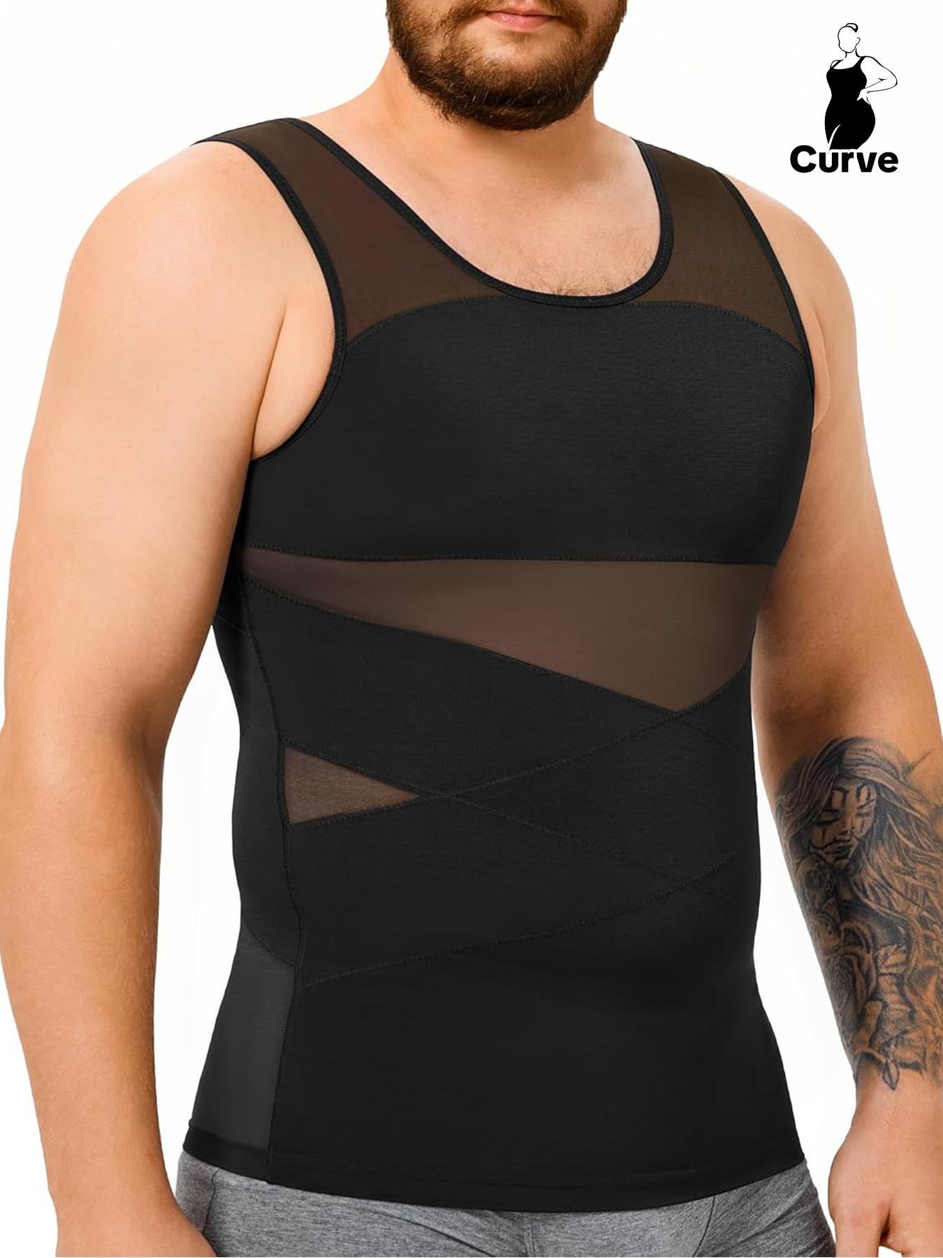 Plus Size Men's Solid Sheer Back Support Tank Top, Breathable Comfortable Tummy Control Shaper Vest, Men's Shapewear for Daily Wear