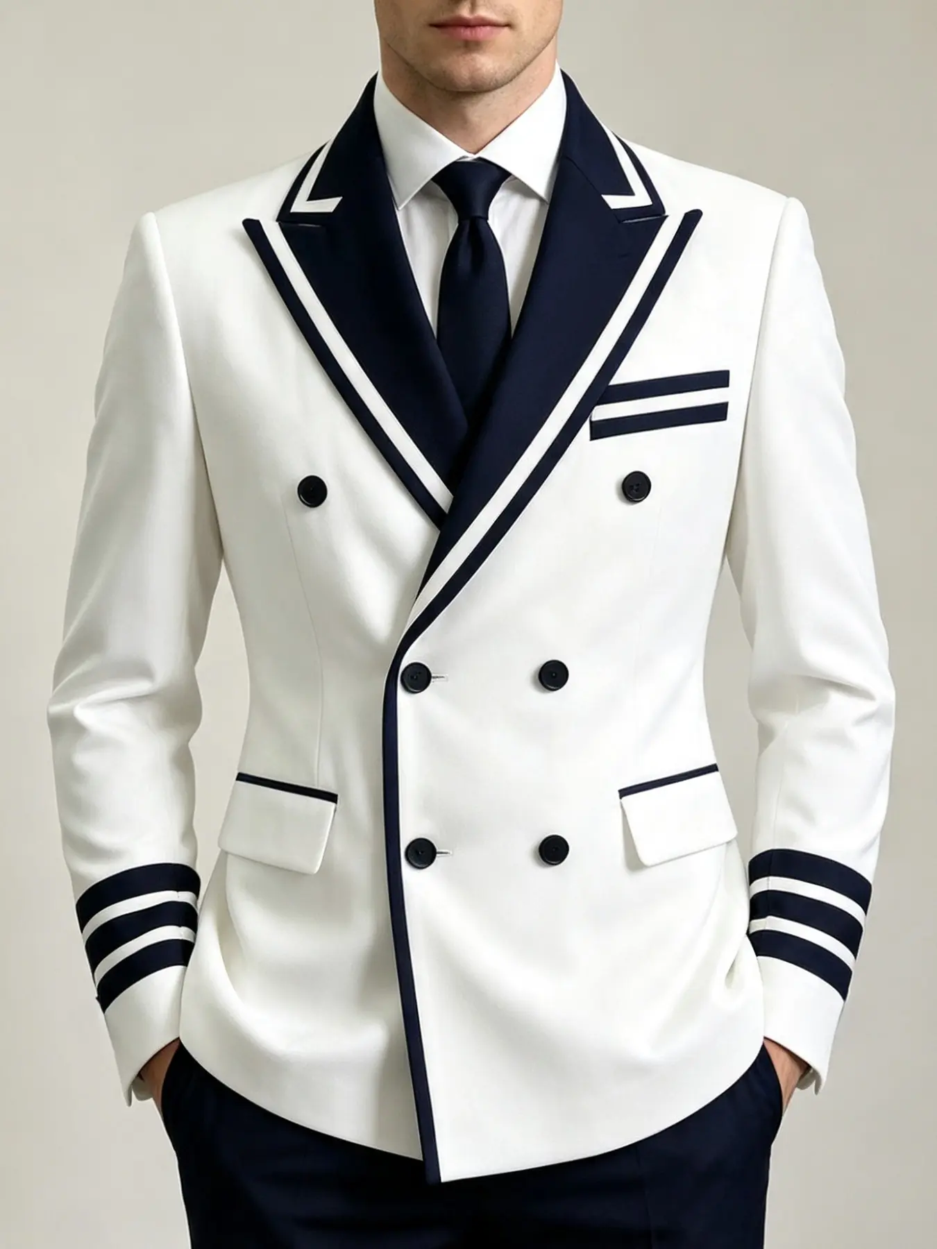 Plus Size Men's Navy-Blue Striped Blazer Jacket, Double-Breasted Formal Suit Outer Top, Casual Loose-Fitting All Seasons