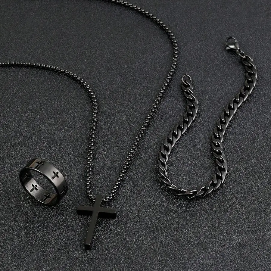 Vintage Dark Gothic Cross Three-Piece Set, European and American Trend, Popular Item, Non-Fading Diamond San Judas Necklace Rope Stylish Multisize Jewelry Storage Jar Double-Layer Crown Engagement Ring Men's Leather Business Gift Luxury Rose Bear Pendant