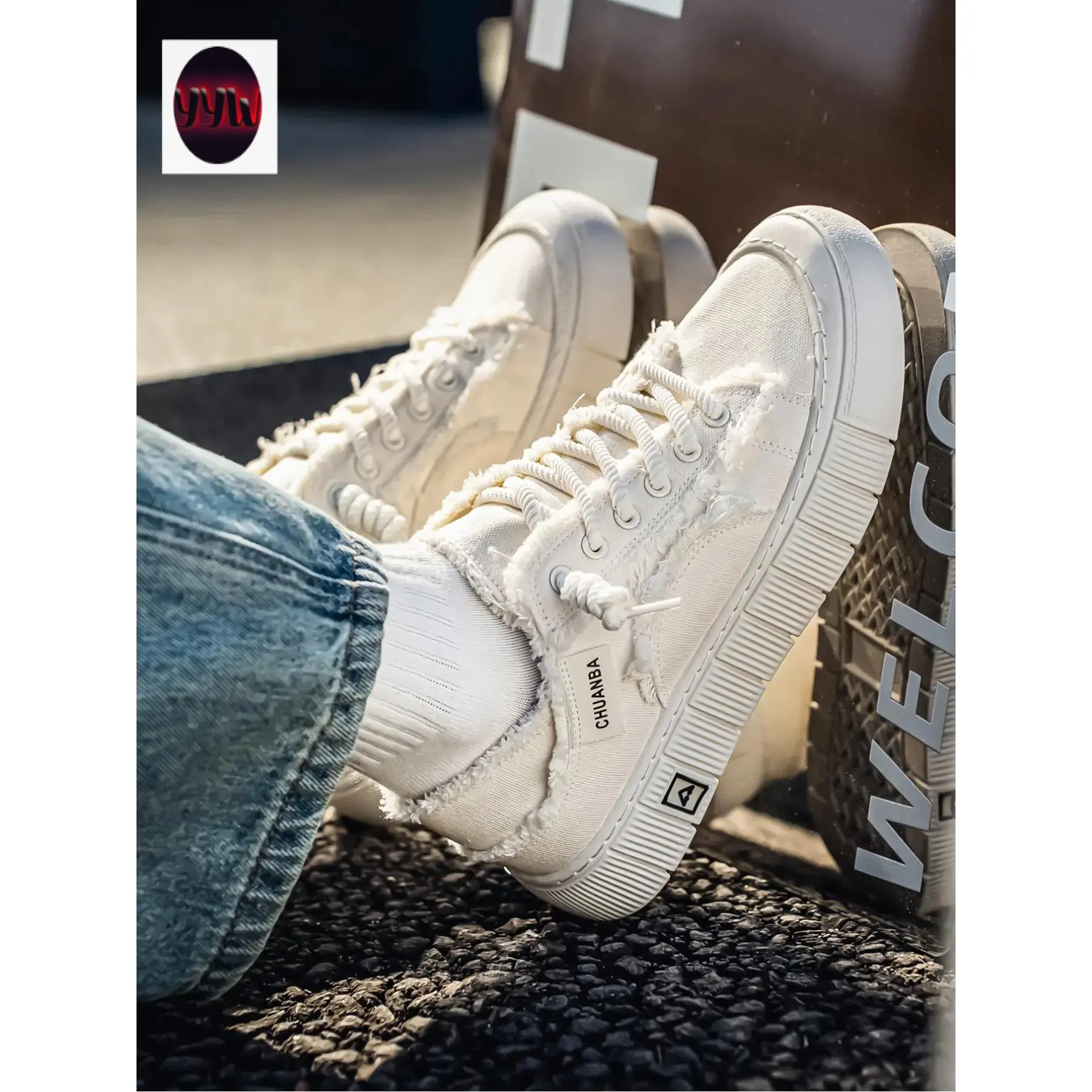 YYW1 Men's Vintage Distressed Frayed Edge Thick-Soled Canvas Shoes, Breathable "Hipster" Sneakers, Trendy-Top Casual Skate Shoes, Walking Shoes Daily Wear & Outdoor Activities, Trainer, Shoes