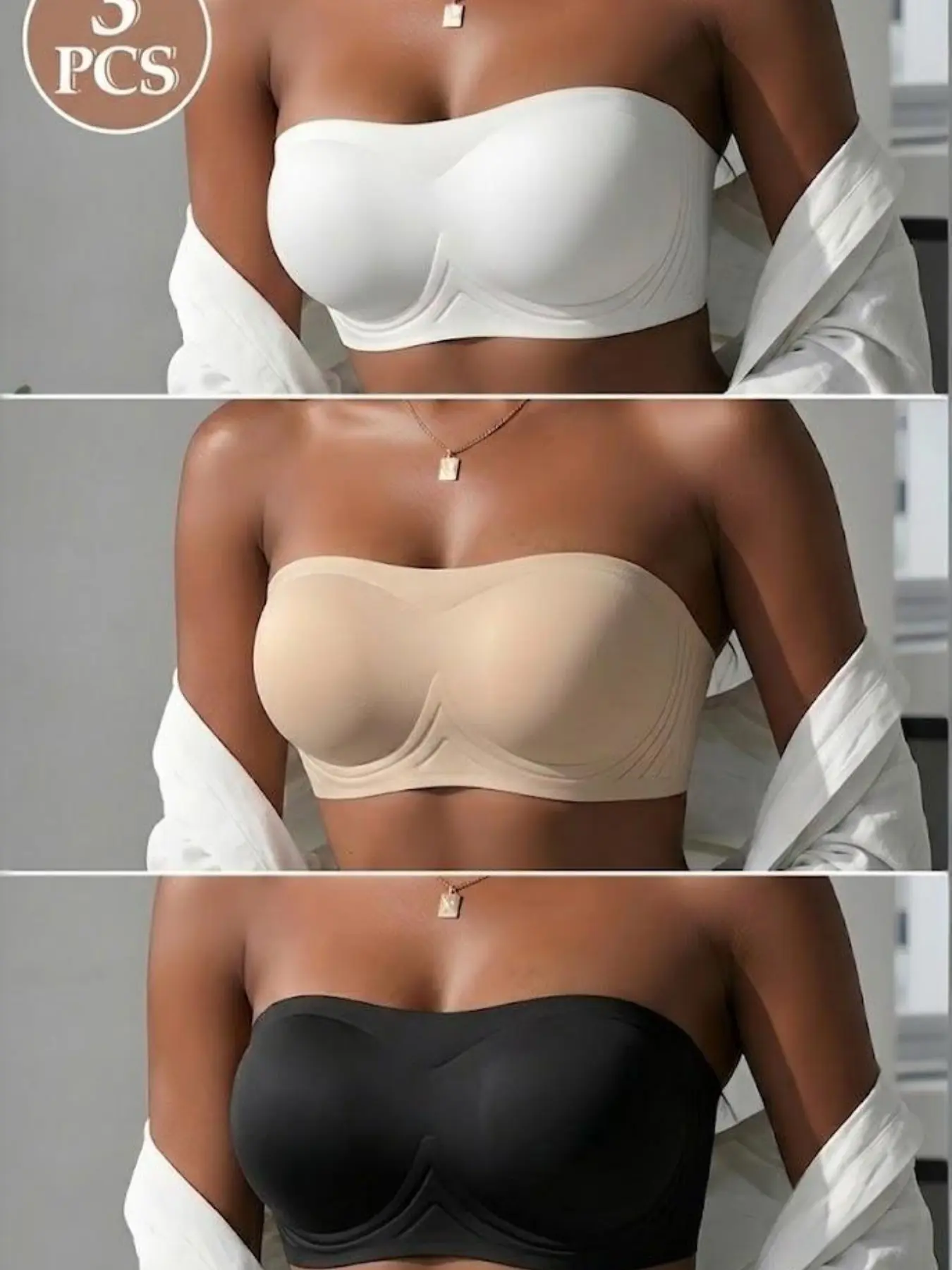 2/3pcs Women's Seamless Bandeau Bra Set, Silicone Non-Slip, Detachable Pads, Full Coverage, Casual & Formal, Medium Support, Lined