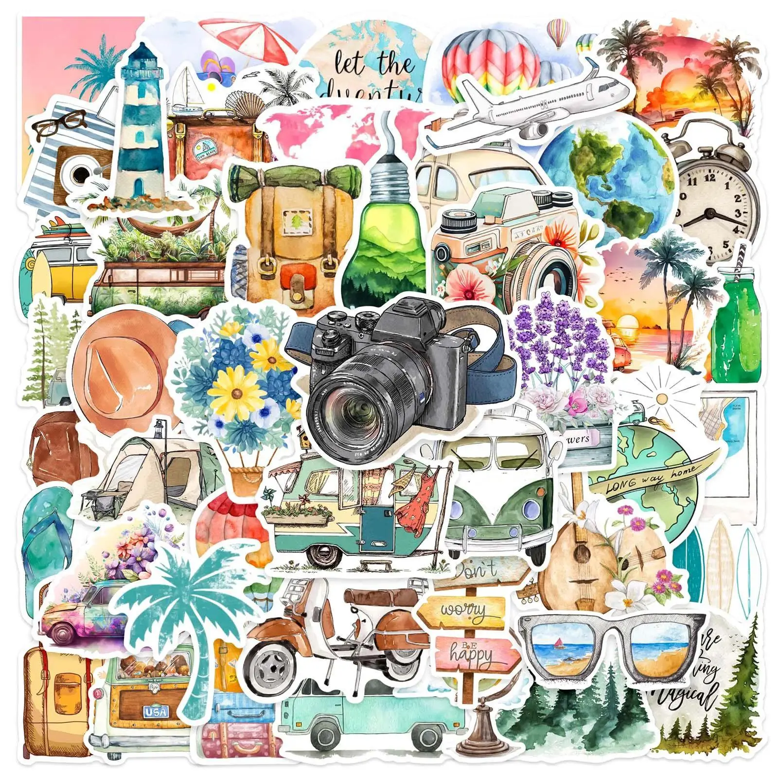 50Pcs Outdoor Vacation Travel Cartoon Stickers Camping Hiking Landscape Decals DIY Notebook Phone Laptop Graffiti Sticker