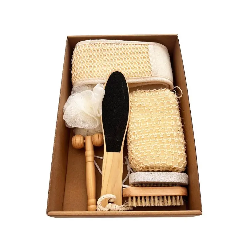 Seven-piece bath set including a bath towel, bath brush, foot stone, jute bath flower, gift box for holidays.