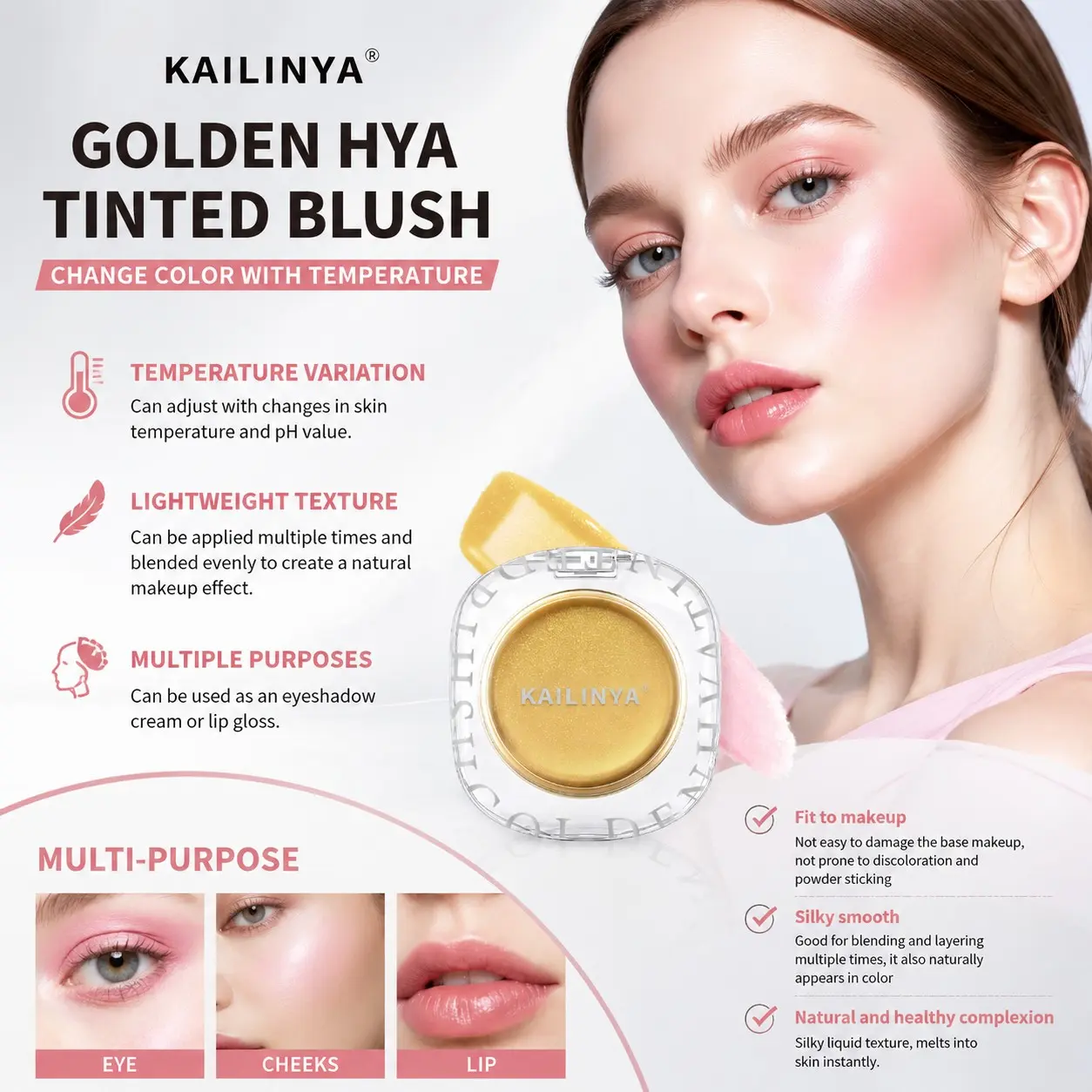 Golden Hya Temperature-Change Tinted Blush, Multi-Purpose Cream for Cheeks, Eyes & Lips, Silky Smooth Texture, Natural Ph-Responsive Color