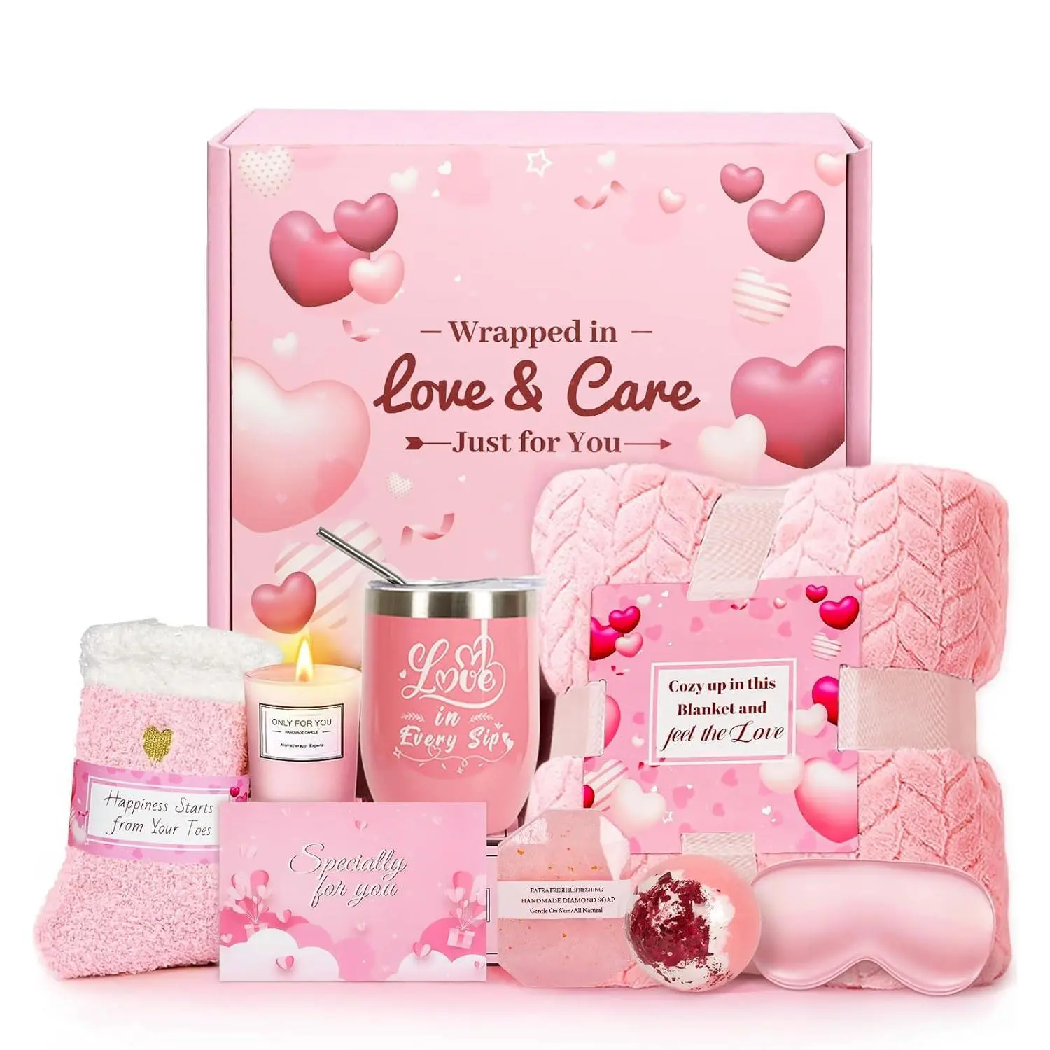 Women Relaxing Spa Gift Basket, 10 Rose Scented Candles, Eye Mask & Blanket, Ideal Birthday Get Well Holiday Present For Ladies