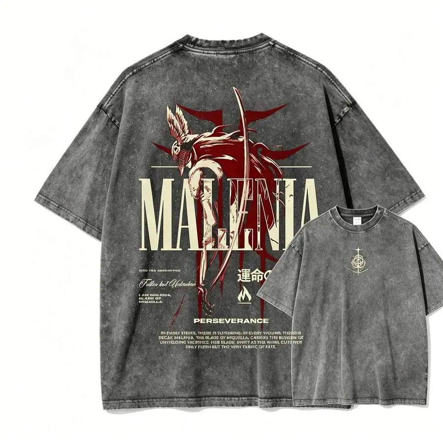 Washed Vintage Elden Ring Malenia Blade of Miquella Double Sided Graphic T-Shirt Dark Fantasy Game Grey Oversized Short Sleeve Tee 100% Cotton Unisex