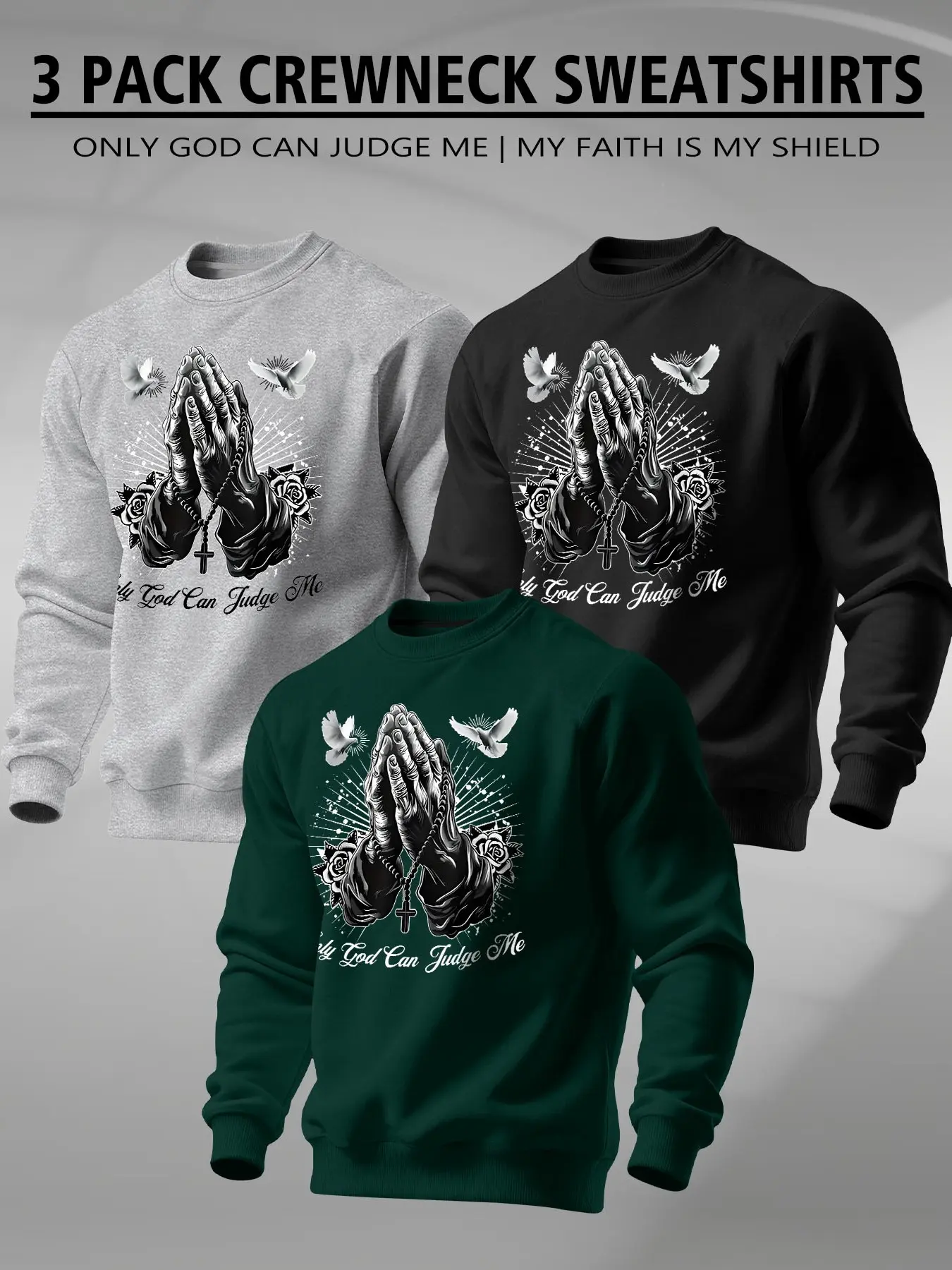 Men's 3 Pack Crewneck Sweatshirts, Praying Hands Dove Rose Only God Can Judge Me Print, Christian Faith Vintage Streetwear Casual Tops for Men