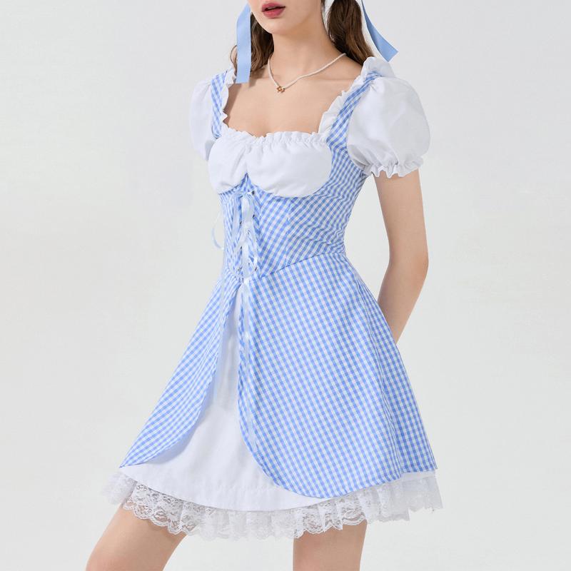 Women's Cosplay Sweetie Costume Short Puff Sleeve Lace Hem Plaid Corset Party Dress