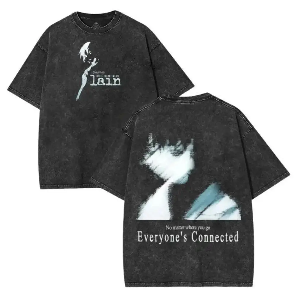 Retro Vintage Serial Experiments Lain Anime Unisex Manga Washed Heavy Cotton T-shirt, Trendy Anime Graphic Menswear Top, Loose Streetwear Outfit, Ideal Independence Day & Birthday Holiday Gift For Anime Fans Daily Casual Tees For Men birthday gift