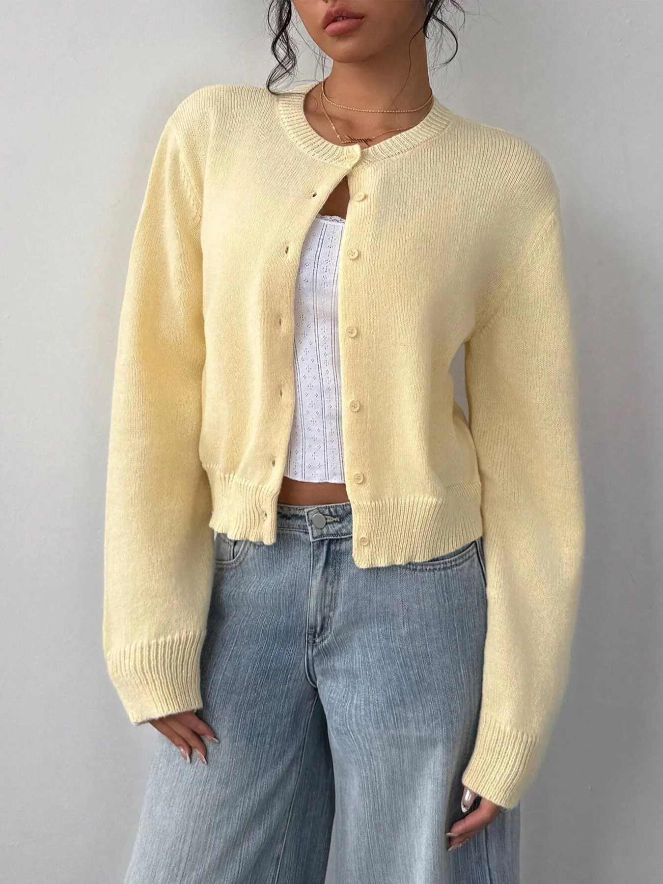 Women's Cream Round Neck Knitted Cardigan, Single Button Long Sleeve Sweater, Casual Soft Knit Daily Wear Outerwear