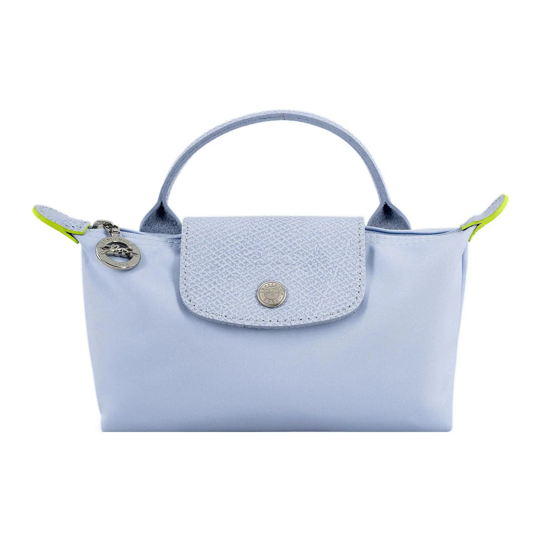 Longchamp Le Pliage Green 17 Small Crossbody Handbag for Women, Embroidered Logo Zip-Closure Purse with Calfskin Trim, Light Blue