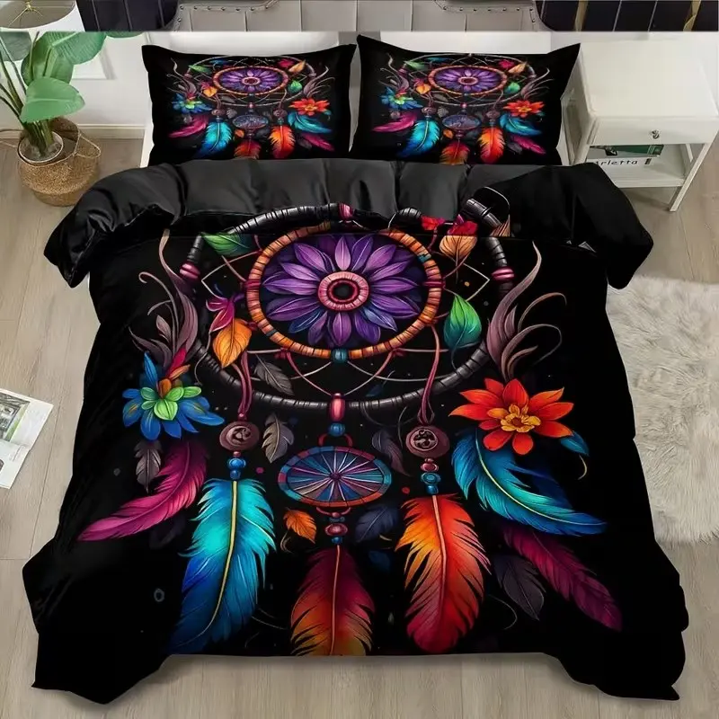 Colorful Feather Dreamcatcher Print Theme Bedding Set, 1 Duvet Cover + 2 Pillowcases, High-Definition Printing, Home & Dorm Room Bed Linen, Comfy Bed Sets