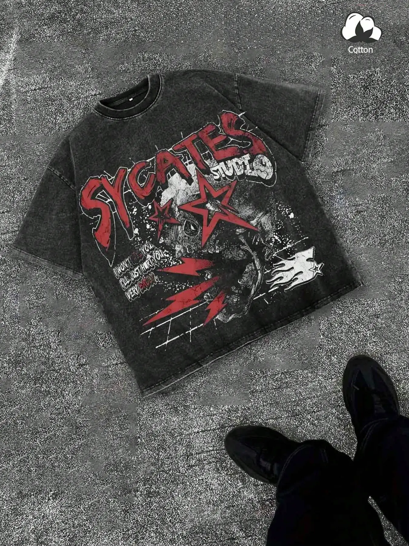 Unisex Street Style Sycates Letter & Skull Print Cotton Round Neck T-Shirt, Casual Y2K Fashion, High Street Culture,Suitable for streetwear, subculture fashion, Y2K style, high-street fashion, couple outfits