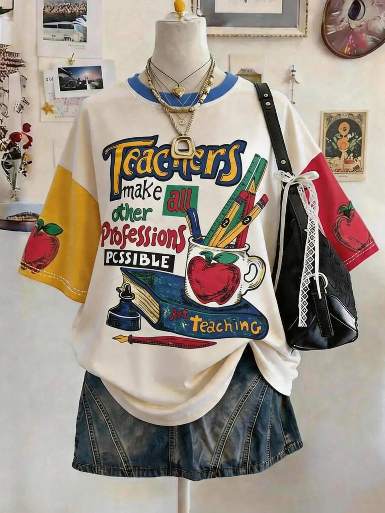 Vintage Letter Short Sleeve T-Shirt, American College Style Loose Fit, Soft Cotton Fabric, Colorblock Sleeves, Teacher Theme Print