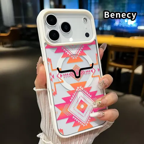 Magnetic Smartphone Case for iPhone 17/16 Pro Max Plus/15/14/13/12/11/Air/E - Geometric Tribal Dream Pattern, Non-Yellowing, Shockproof Soft Silicone Transparent Acrylic Cover, Handheld Cellphone Devices Protection, Wireless Charging Support, Casing, Acce