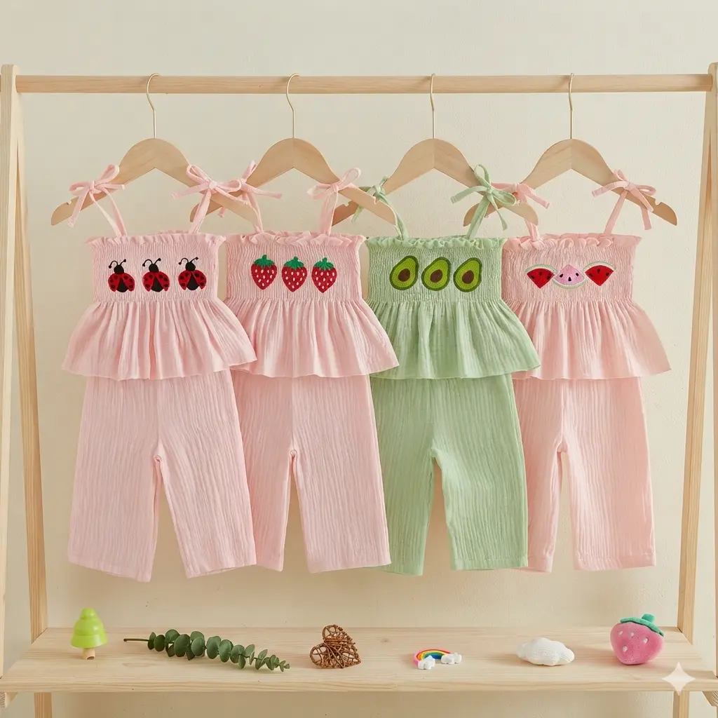 Toddler Girl Clothing Set, 2-Piece Summer Outfit with a Smocked Top and Elastic Waist Pants, Cotton with Ladybug & Strawberry Embroidery, Baby Girls Clothing, Toddler Girl Stuff