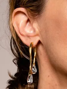 Asymmetrical Metal Rod Water Drop Clear Pendant Earrings, French Luxury Commuter Style, Enhances Face Shape and Aura