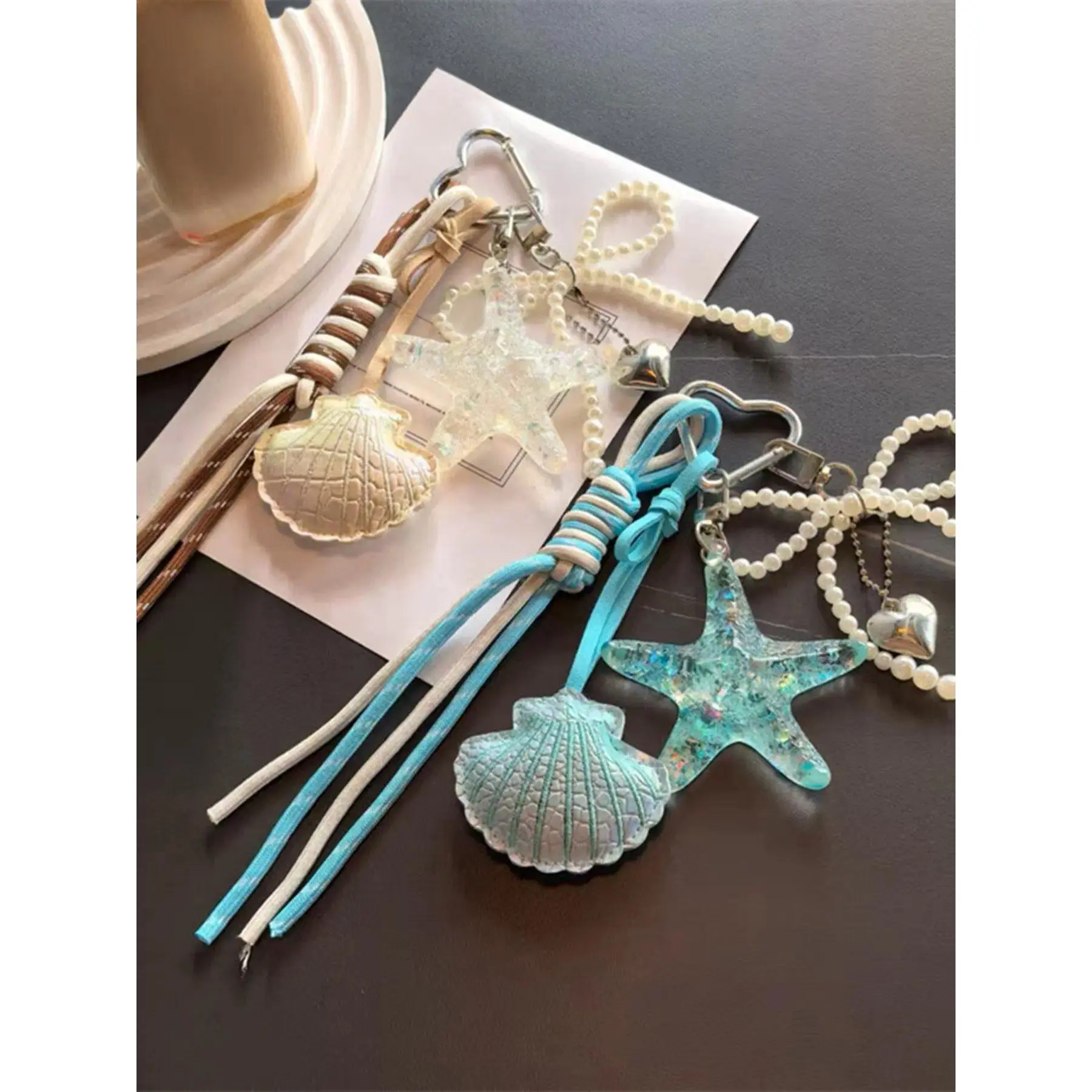 Ocean Style Starfish & Shell Pendant Bag Charm Keychain for Women, Artistic Y2K Beach Aesthetic Bag Hanger, Cute Bow & Heart Detail Woven Lanyard Keyring Accessory, Lightweight Fashion Keychain for Bags, Keys, Backpack & Daily Use, Chic Coastal Trend Gift