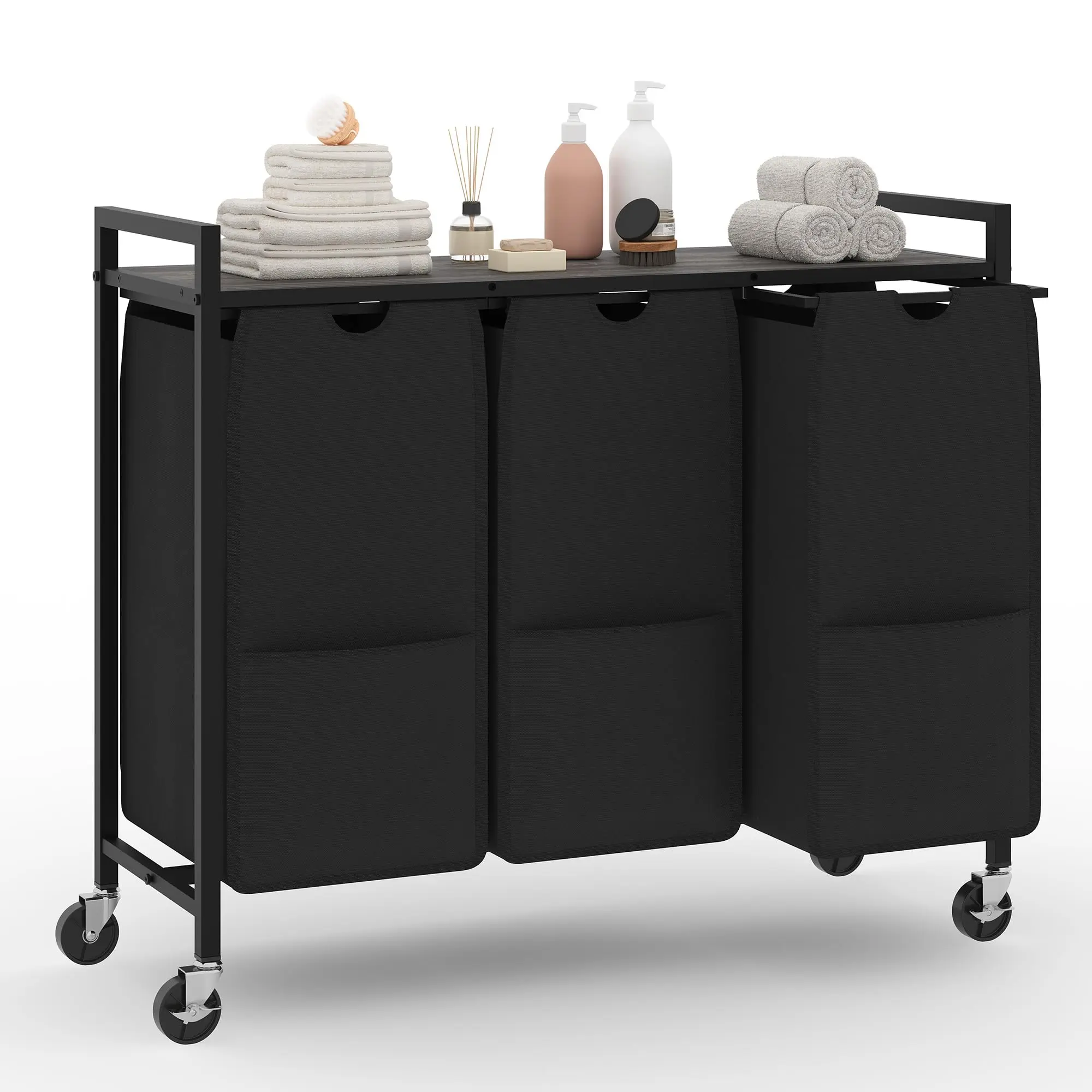 3-Section Laundry Hamper with Removable 48L Bags, Sturdy Metal Frame, Rolling Wheels, Built-in Shelf, Laundry Sorter with Lid - Ideal for Laundry Room Organization