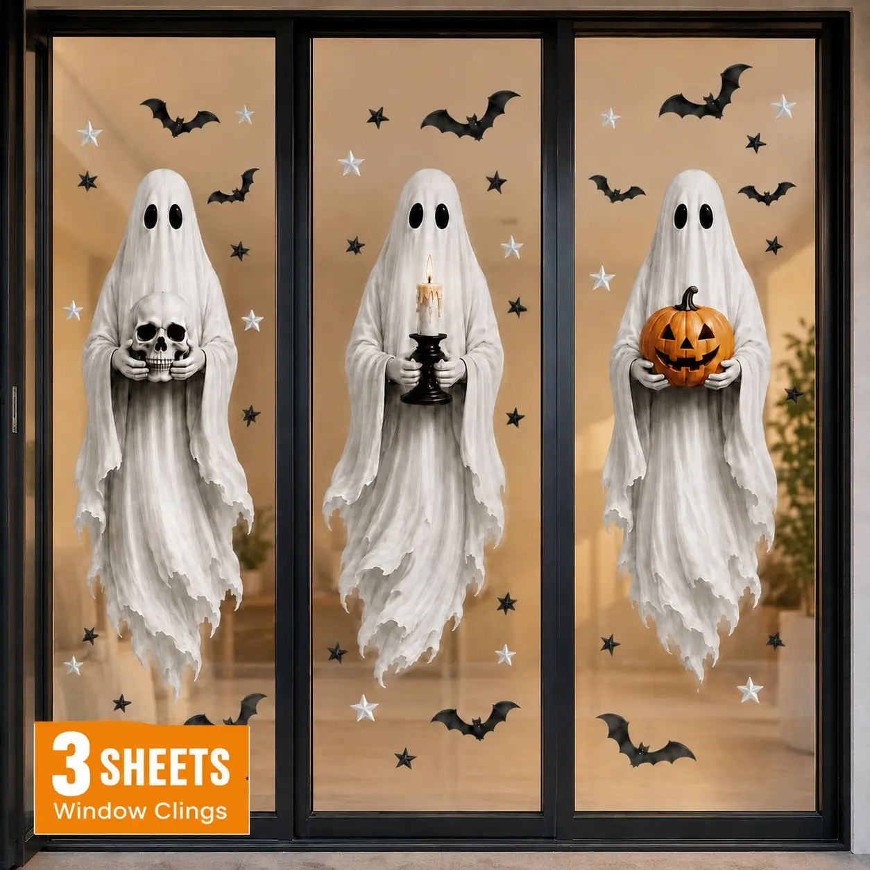 3 Sheets Halloween Window Clings, Large Ghost Static Stickers, Reusable No-Glue Decor, Perfect for Home, School, Shop, Party