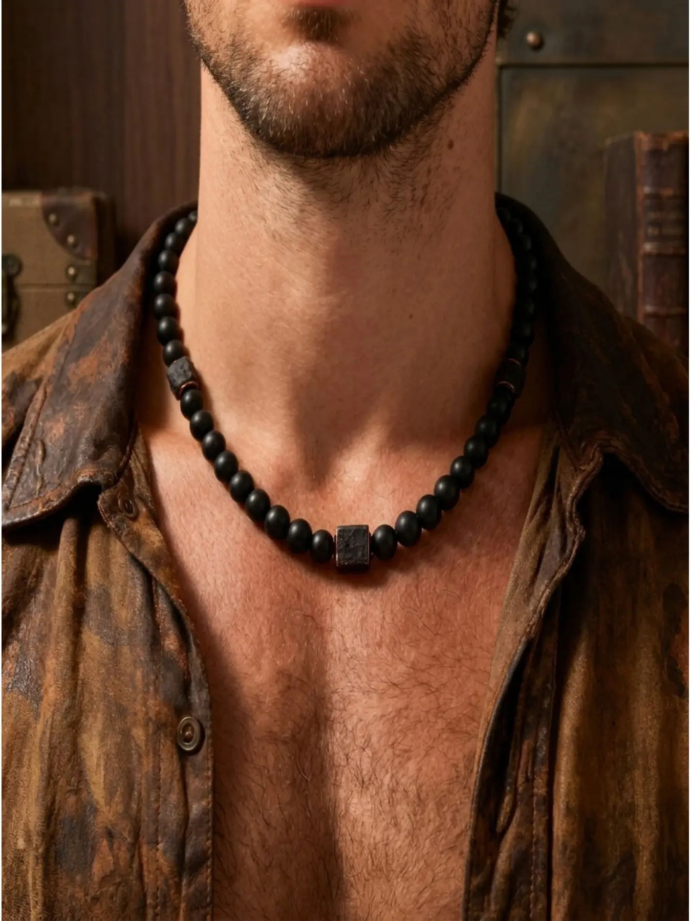 Men's Industrial Beaded Necklace, Volcanic Rock & Matte Glass, Confidence & Grounding Jewelry, Stylish Accessory for Everyday.deal for streetwear, biker, minimalist, and modern masculine aesthetics, elevating any casual or edgy outfit.