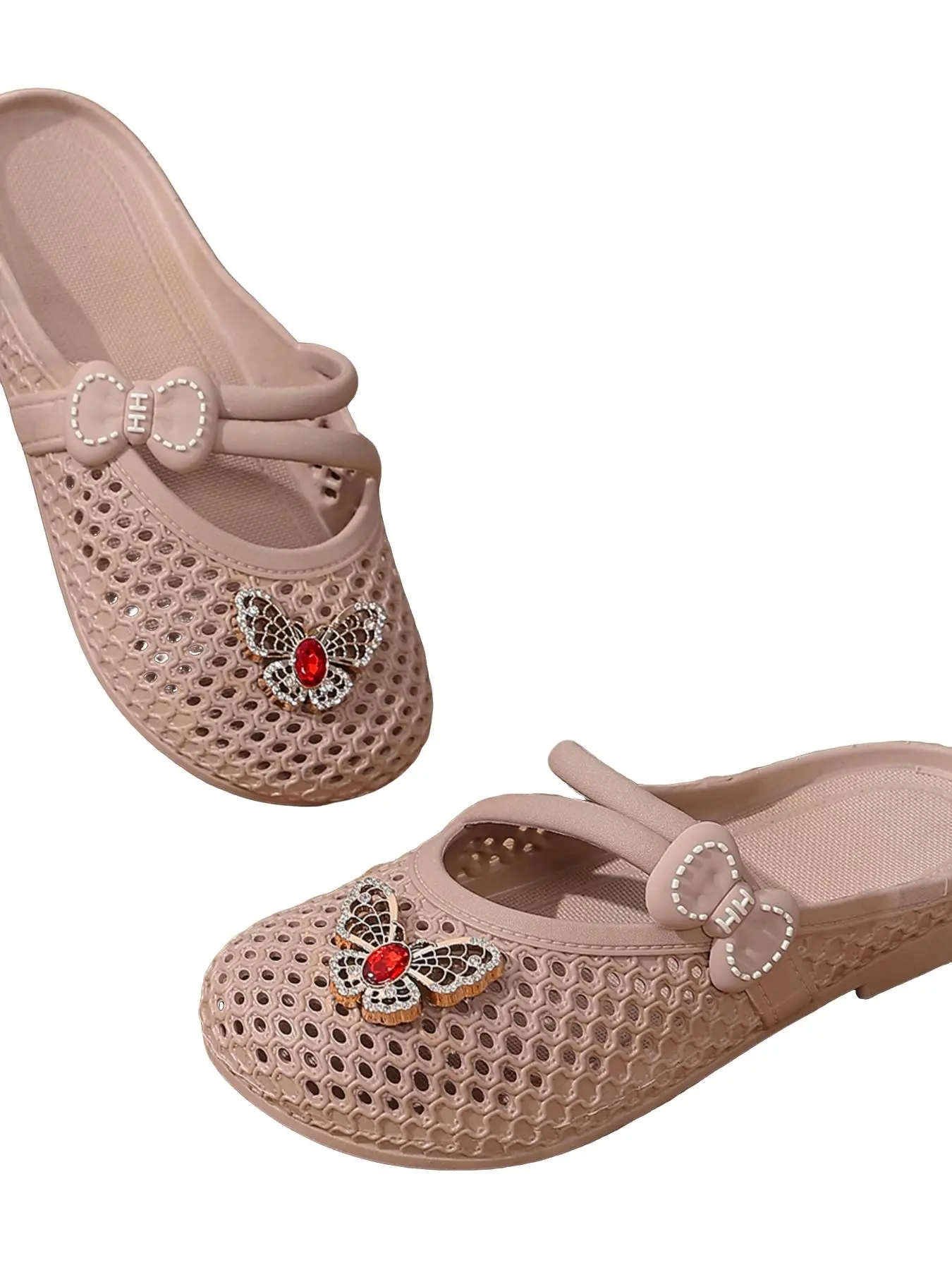 Sweet Rhinestone Flower Sandals for Women, Honeycomb Hollow Out Dual Strap Flat Outdoor Slippers, Stylish and Comfortable Footwear