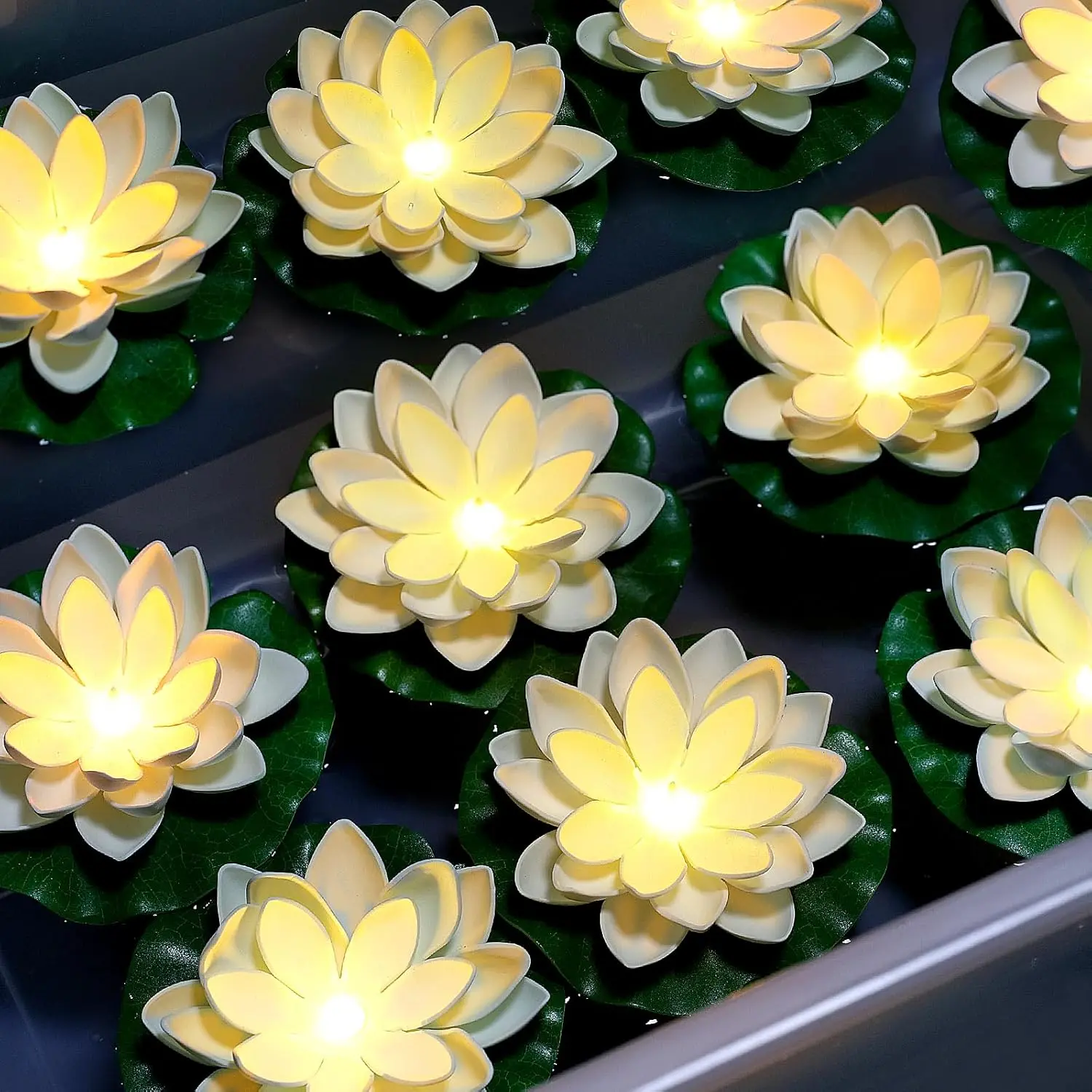 12PCS Waterproof Floating Lotus Light, 5 Inch Floating Lily Flower Water Activated Artificial Flowers Battery Operated Warm White Light for Wedding Pool Anniversary Garden Decor