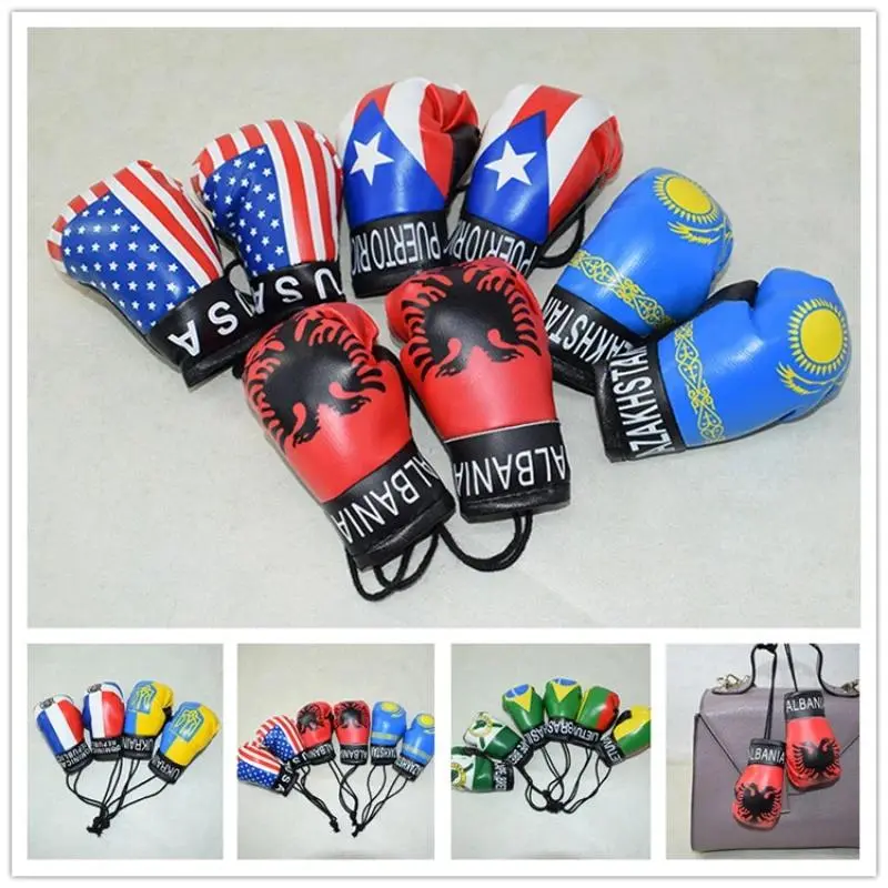 Mini Boxing Gloves 4-In PU Leather 1 Pair National Flag Car Rearview Mirror Ornament Sporty Keychain Auto Decor Sports Gift