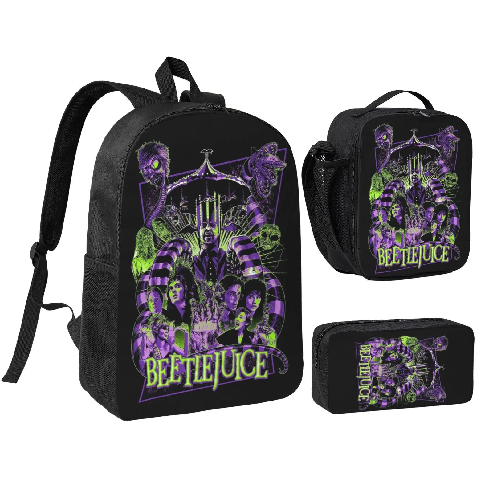 Anime Beetlejuice3 backpack with lunch bag pencil box for Teen Girls Boys, 3pcs kids school bag with adjustable straps, office travel bag Bookbag lunchbox