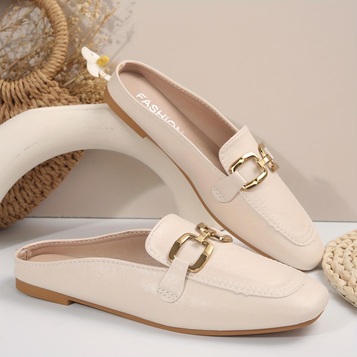 Women's Square Toe Flat Mules, Metallic Buckle Decorated Slip-On Backless Loafers, Fashionable Outdoor Slippers Set viral comfort shoes  trend