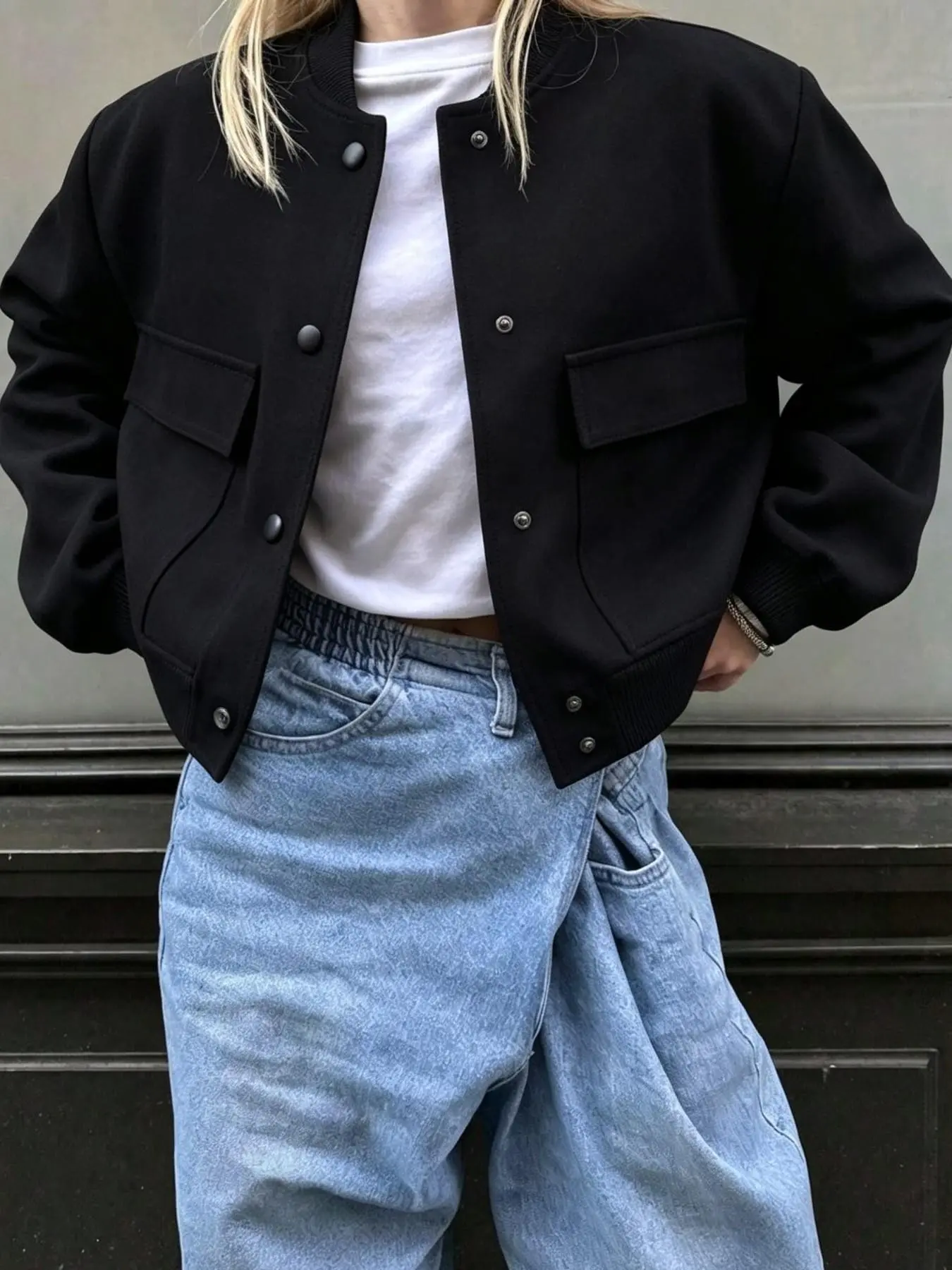 Women's Plus Size Short Flight Jacket Outerwear, Casual Street Style Stand Collar Coat, Pocketed Fashion Loose Fit, Fall Winter Daily Wear