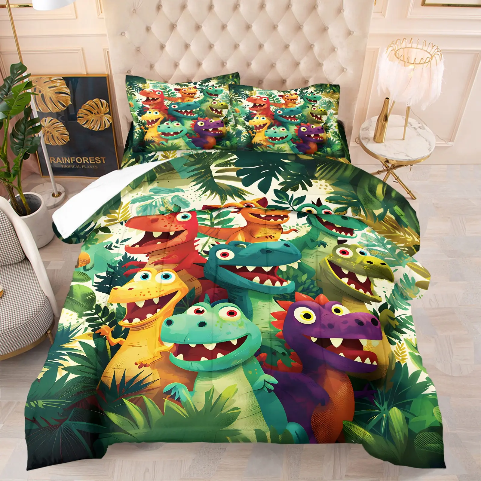 Cute Cartoon Tropical Jungle Dinosaur Print Comforter Set, Includes 1 Comforter and 1-2 Pillowcases, Colorful Cute Dino Tropical Leaf Pattern Print, Gift for Kids, Teens and Adults, Fun Gift for Dinosaur Enthusiasts