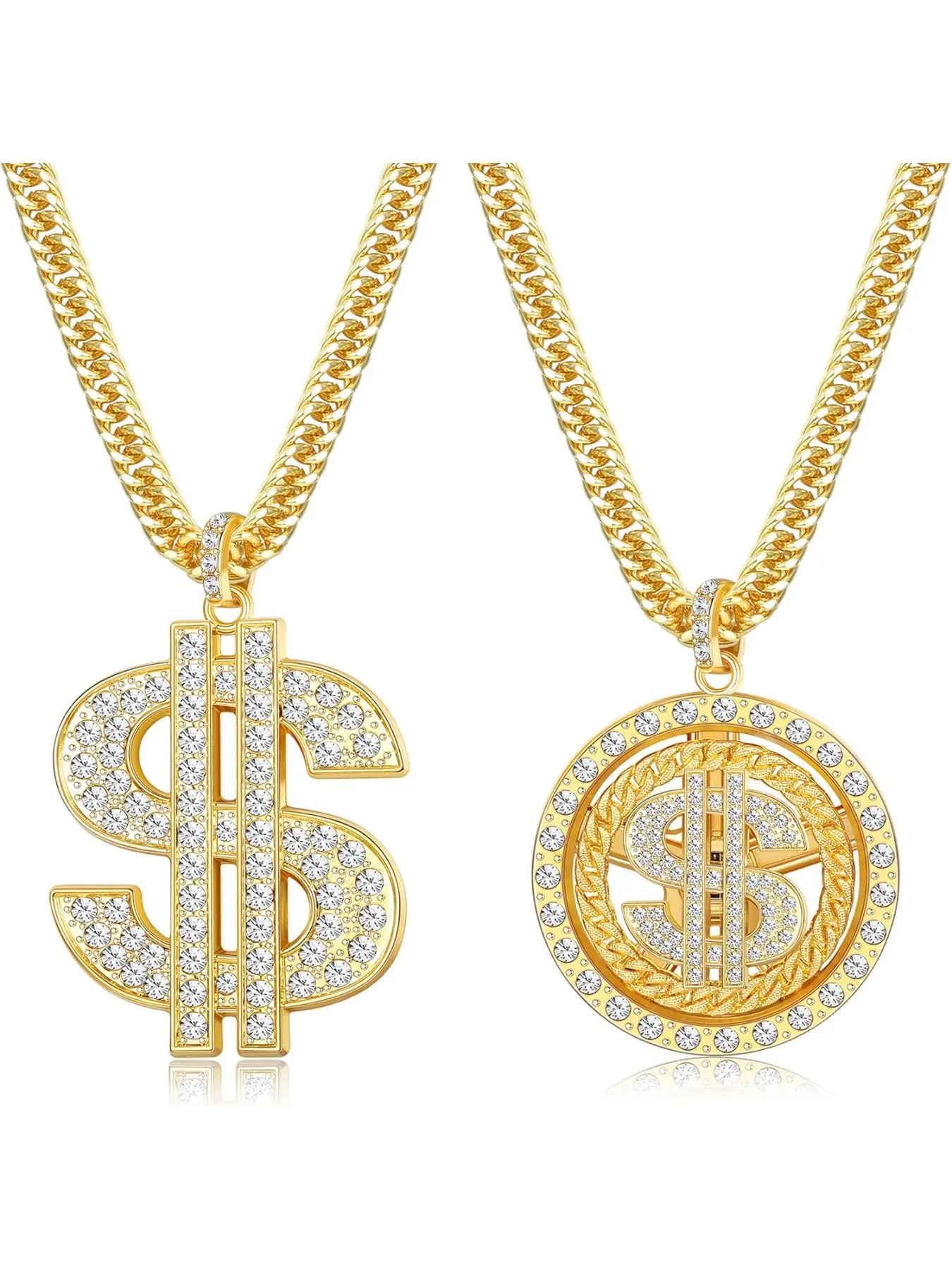 2PCS 18K Gold Plated Chain with Dollar Sign Pendant Necklace Old School Hip Hop Rotatable Dollar Necklace 80s 90s Rapper Costume Big Chunky Necklaces Turnover Punk Style Necklace