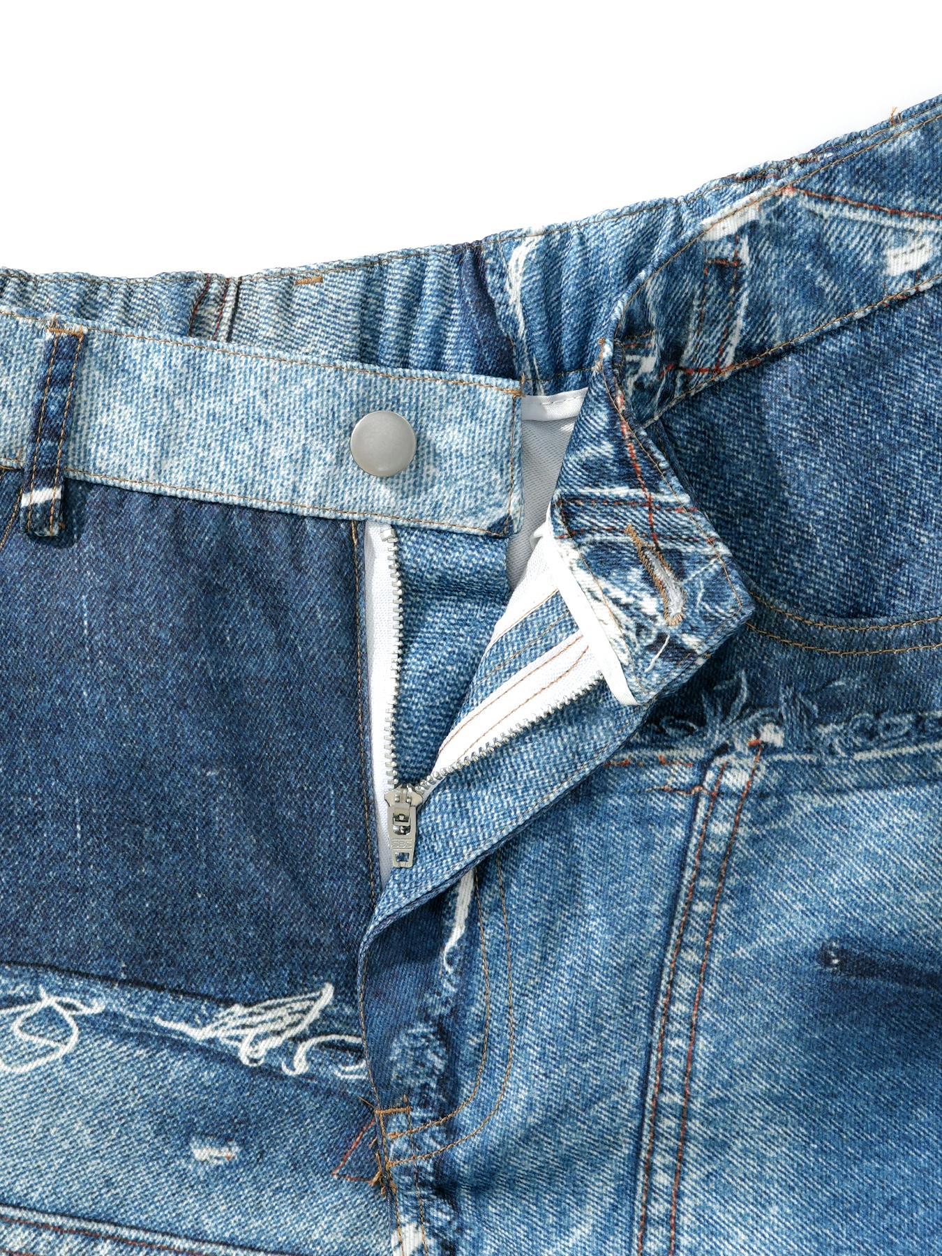 Unisex Men's Denim-Effect Print Pocket Straight Leg Pants, Loose Street Fashion Casual Button Fly Trousers for Daily Wear, Mens Bottoms for All Seasons, Street Style, Menswear, Streetwear, Ripped Jeans