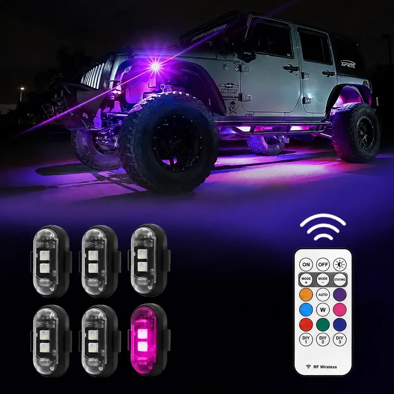 6PCS RGB Led Aircraft Strobe Lights – Rechargeable Wireless LED Strobe Lights Remote Control 8 Colors 10 Modes, Strobe Light Kit, Multifunctional Waterproof Anti-Collision Warning Flash Light for Car Motorcycle Drone Truck Bike Boat