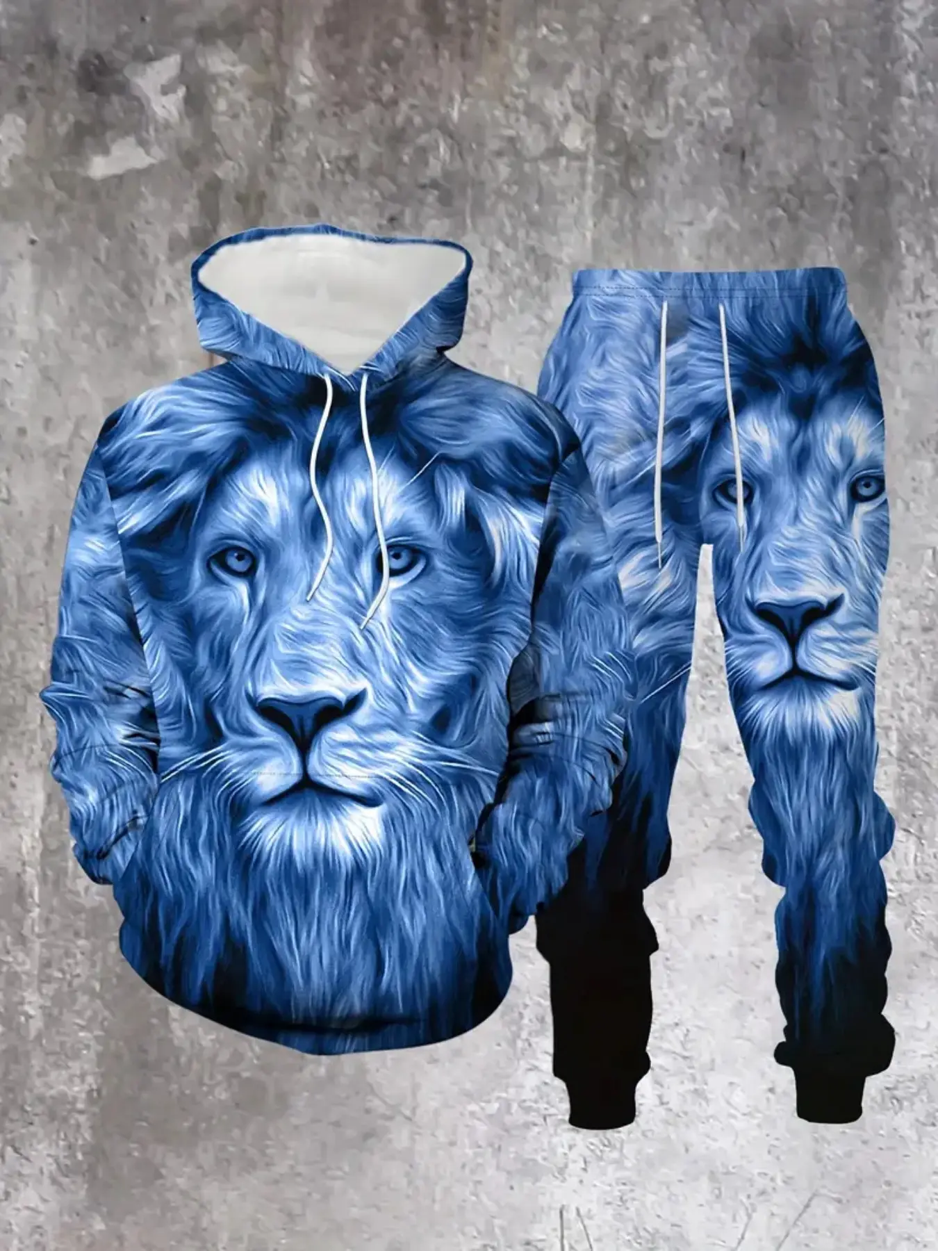 Men's Spring Fall Winter Printed Fashion Cool Unique Puffy Blue Lion Head Hoodie Set, Casual Long Sleeve Fitted Suit, All Seasons Wear