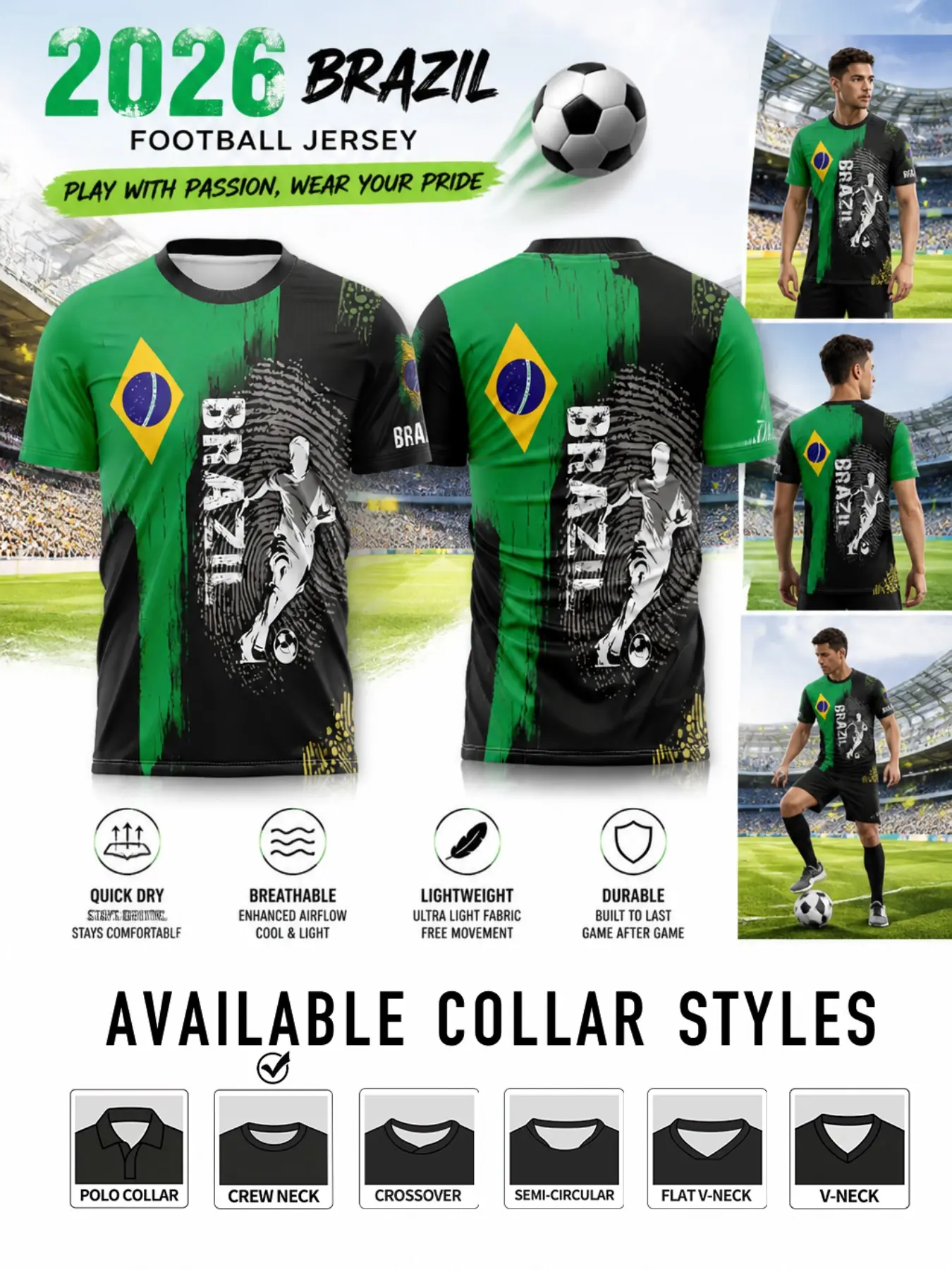 Men's Brazilian Sport Jersey, All-Over Print, Slim-Fit, Comfortable Daily Wear, Ideal for Stadiums & Outdoor Activities