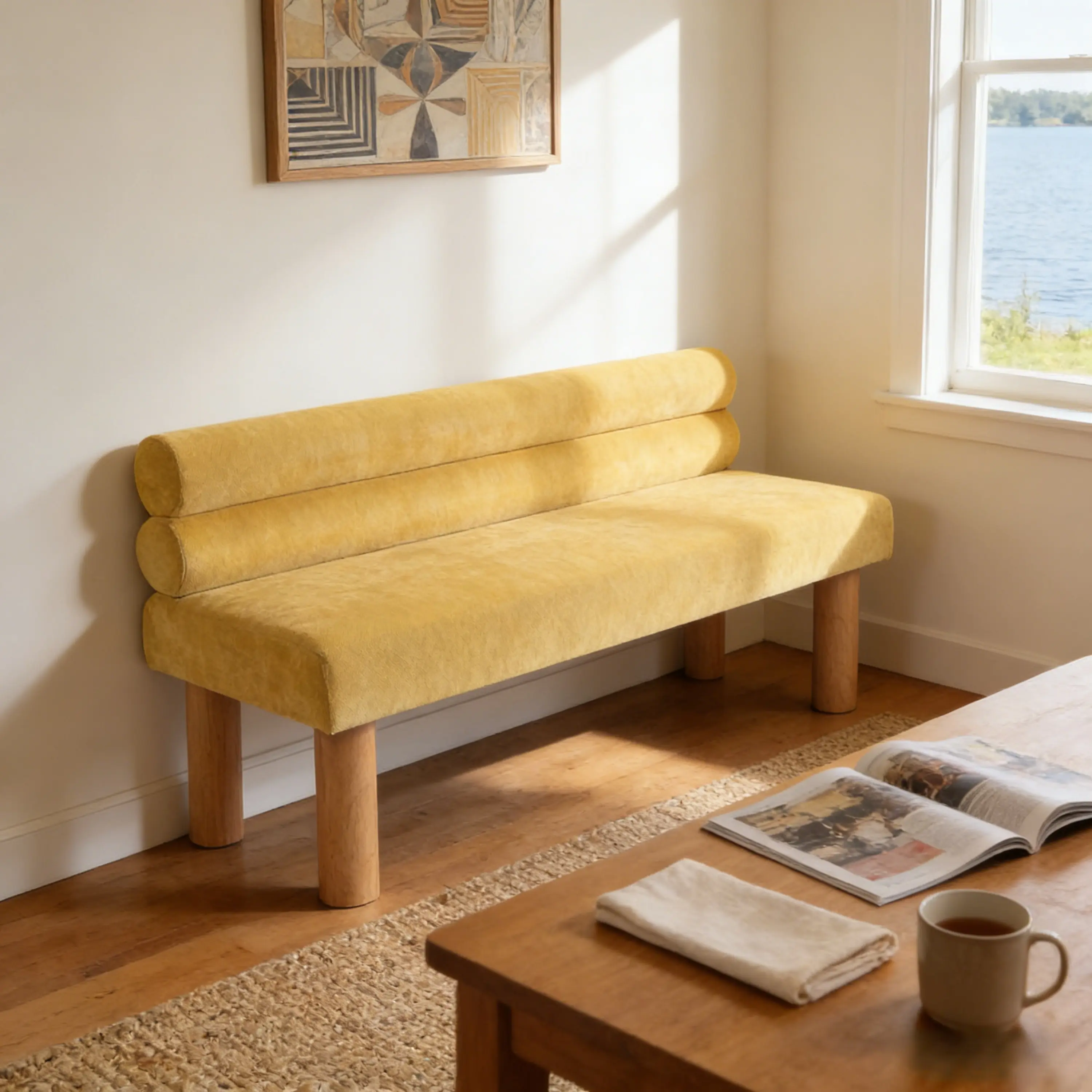 ARCH Upholstered Dining Bench with Rubber Wood Legs 300LBS Support Yellow Chenille Fabric Bench for Dining Room Living Room Bedroom Entryway End of Bed Ottoman 51.77x23.23x29.92 Inches, Natural/Yellow Color Options, Chenille/Fabric/Foam/Rubber Wood