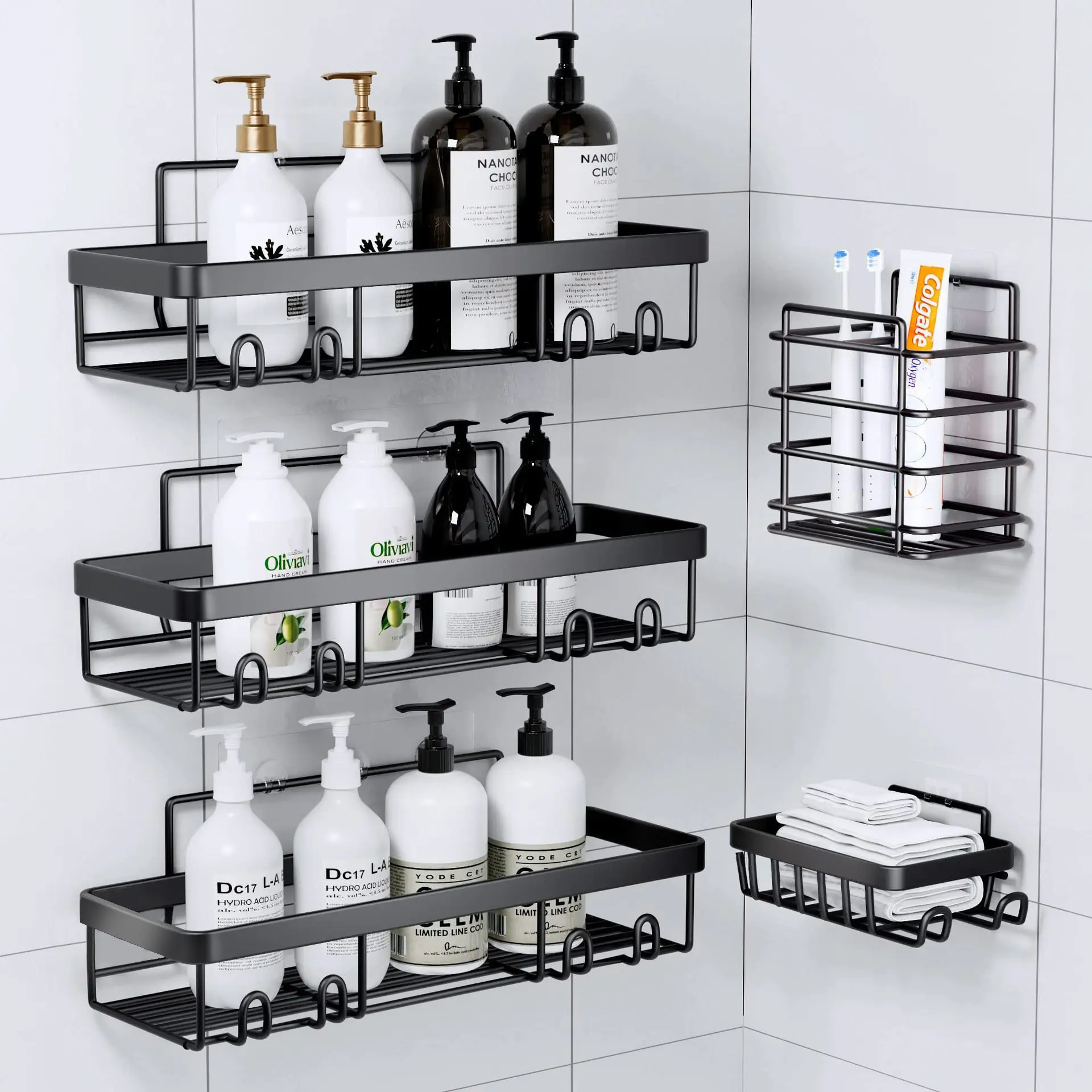 No-Drill Bathroom Shelf Set, Waterproof Rust-Resistant Wall-Mounted Soap Holder, Multi-Layer Heavy-Duty Tile-Friendly Organizer, Shower Organizer Set