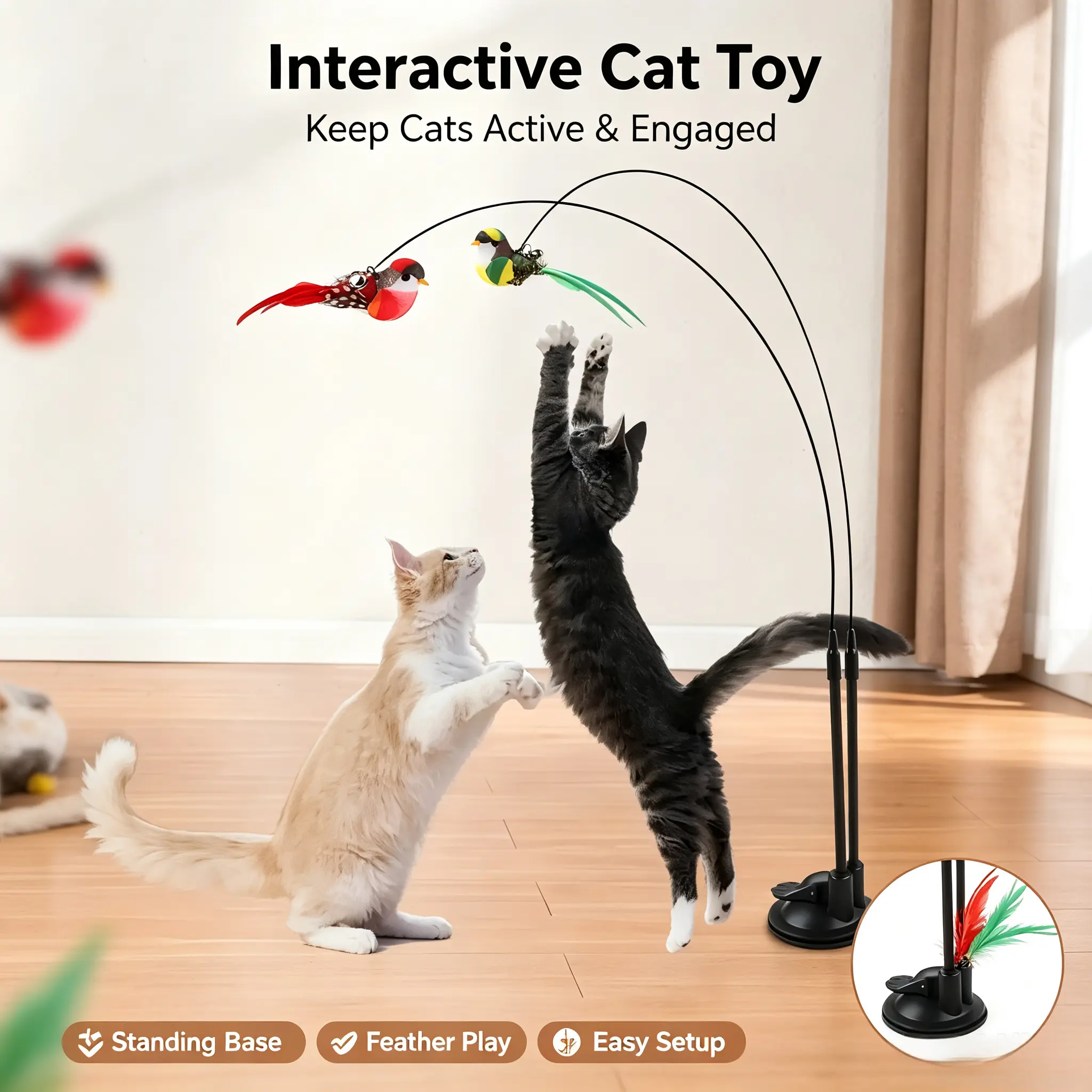Double-pole lift-free cat toy-hand-simulated bird with feathers, bells and suction cups designed to fit , durable polyester blend Dual Bird Suction Cup Cat Teaser Wand, Detachable Feather Bird Interactive Play random color,