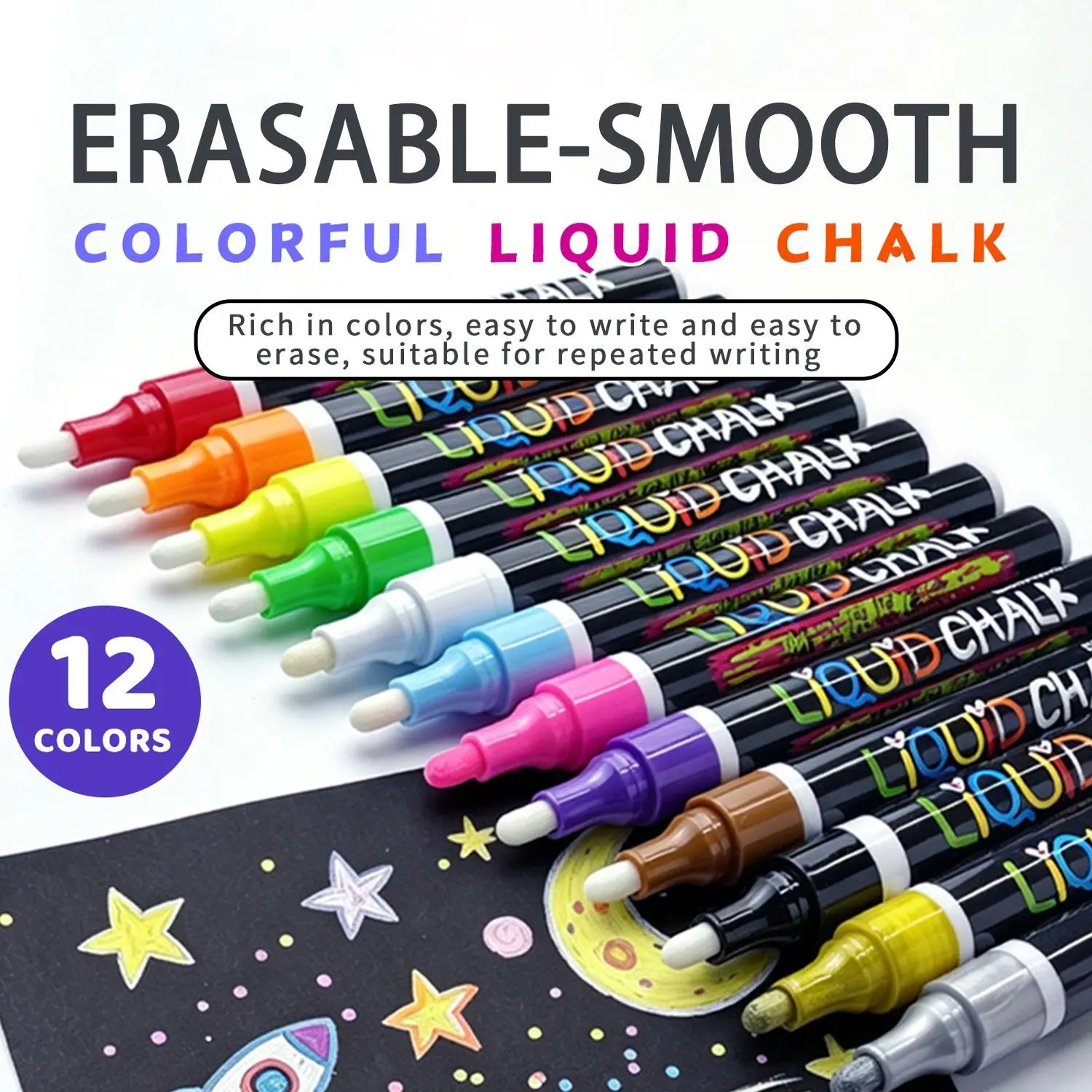 12 Colors Washable Liquid Chalk, Reusable Wet Erase Marker for Blackboard, Whiteboard, LED Glass Windows, Car Window Advertising