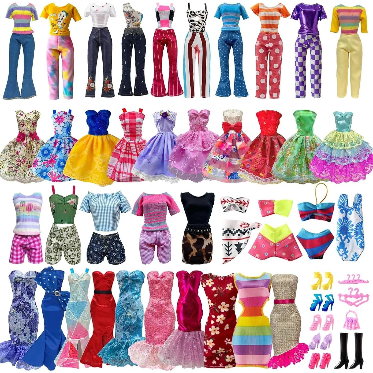 30 Pieces Doll Clothes & Accessories for 11.5" Girl Dolls: 5 Tops, 5 Pants, 3 Dresses, 3 Fashionable Dresses, 2 Swimwear, 6 Pairs Shoes, 1 Bag, 5 Hangers
