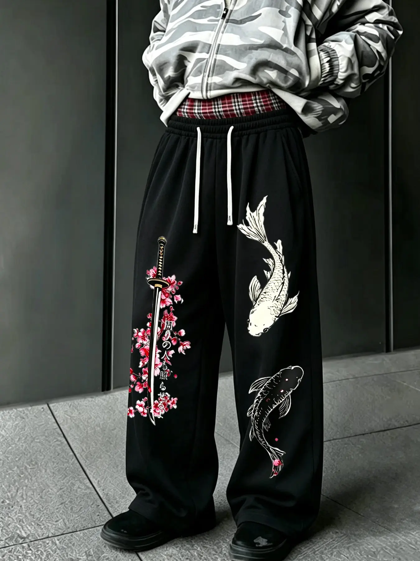Men's Japanese Cherry Blossom Samurai Sword Koi Print Drawstring Wide Leg Pants, Sporty Loose-Fit Streetwear Long Trousers