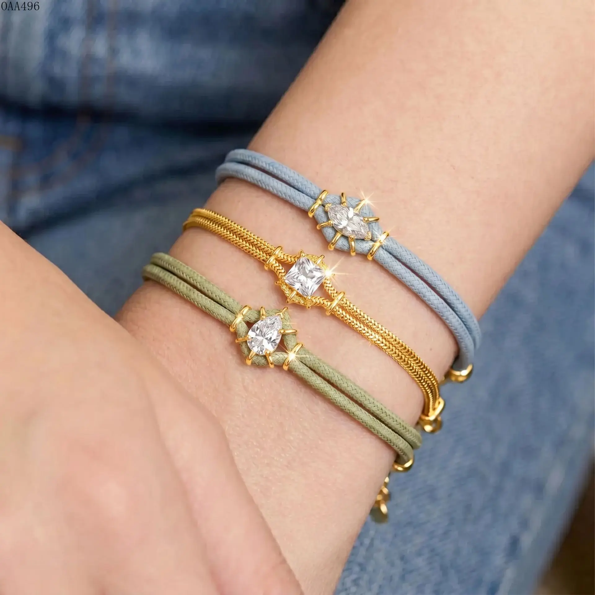 Women's Braided Cord Bracelet Stainless Steel Colorful Crystal Charm Double-Layer Snake Chain Sliding Clasp Adjustable Minimalist for DIY Bag Accessories Daily Use Gifting, Diamond Charm