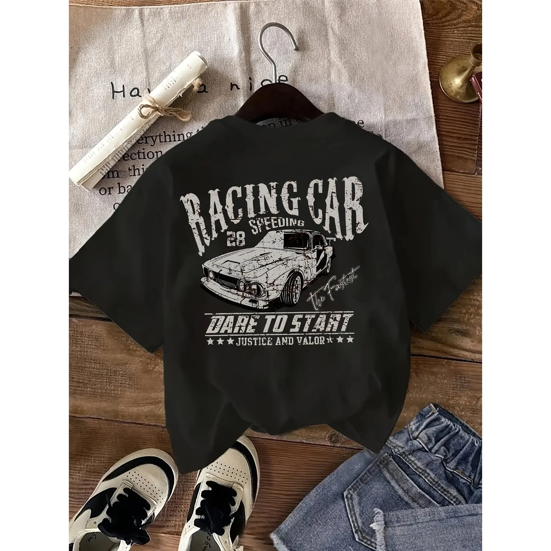 Women'S Racing Car Graphic T-Shirt - Casual Crew Neck, Short Sleeve, All-Season Streetwear Tee with "Racing to Start" Design, Black, Casual Wear Tee |   Crew Neck Tshirt |   Graphic Print Tee