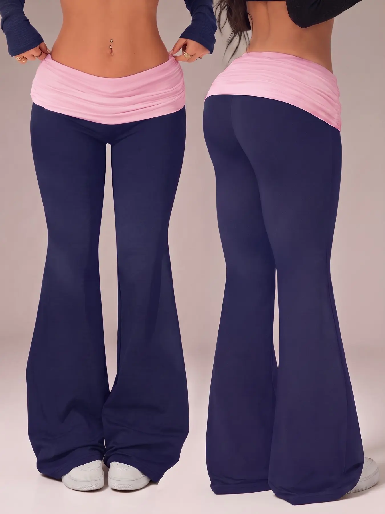 Daily Lazy Gym Coffee Run Contrast Pastel Pink Ruched Fold Over Low Waist Solid Navy High Stretch Slim Drape Floor Length Micro Flare Bell Bottom Pants Women Soft Smooth Jersey Minimal Y2K Street Indoor Summer All Season Trendy Casual Lounge Workout Trous