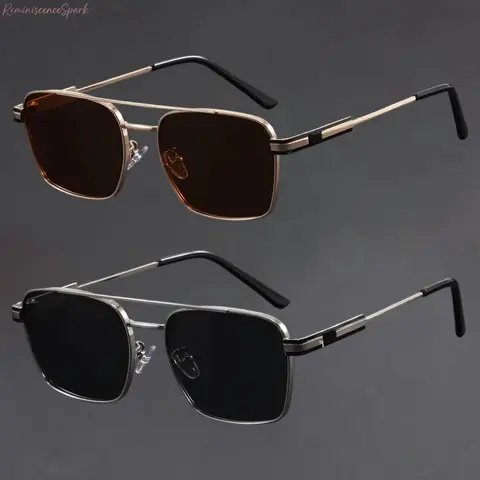 Men’s 2-Pack High Quality Double-Bridge Retro Aviator Sunglasses - Lightweight Durable Metal Full Rim, UV400 UV Blocking Anti-Glare Trendy Casual Outdoor Fashion Shades (Gold-Tea+Gold-Blue Tea/Silver-Grey+Gold-Blue Tea) for Driving, Outdoor Activities, Tr