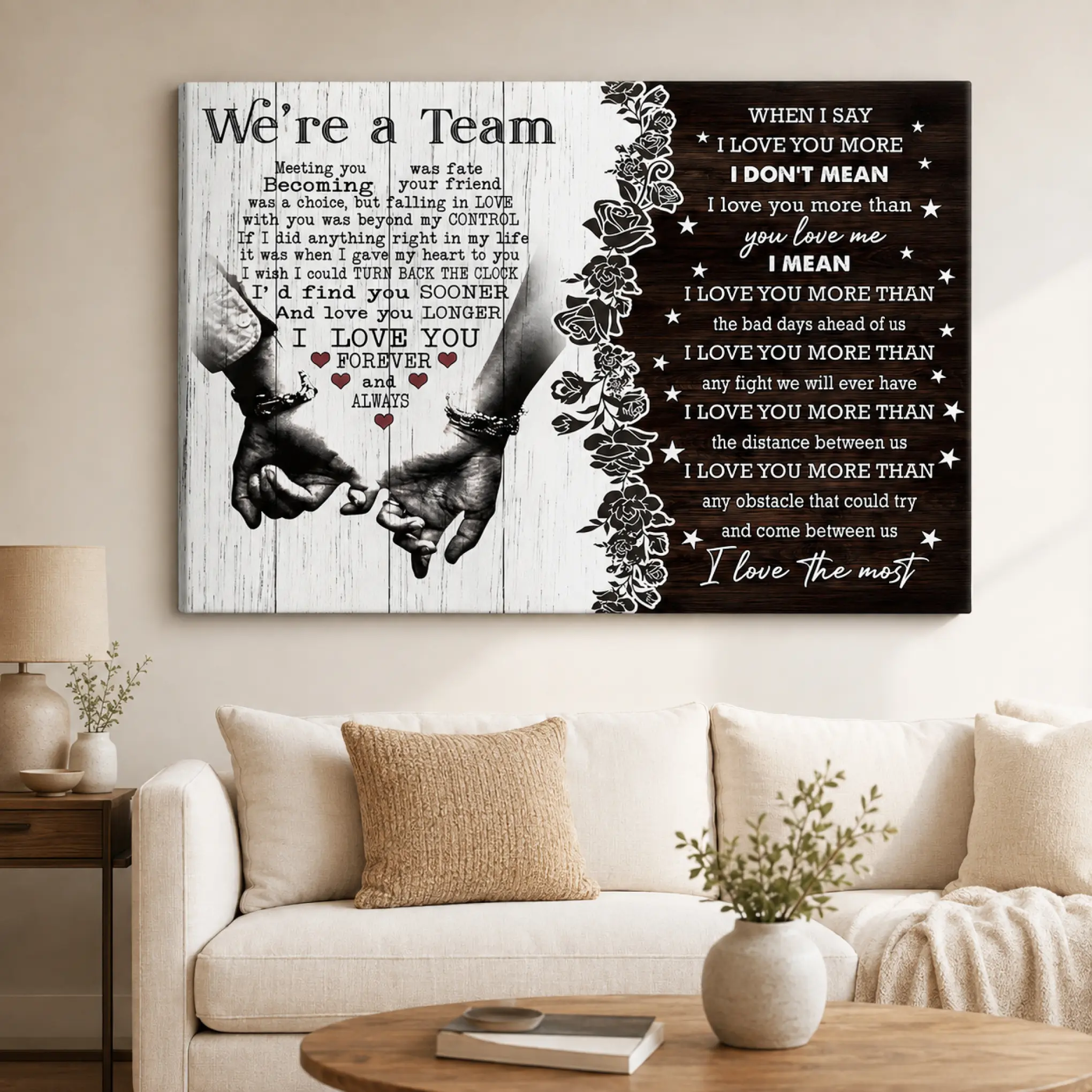 We're a Team Romantic Couple Canvas Wall Art Poster, I Love You More Quote Poster, Hand in Hand Love Artwork for Bedroom Living Room, Rustic Farmhouse Home Decor, Anniversary Wedding Valentine's Day Gift for Couples
