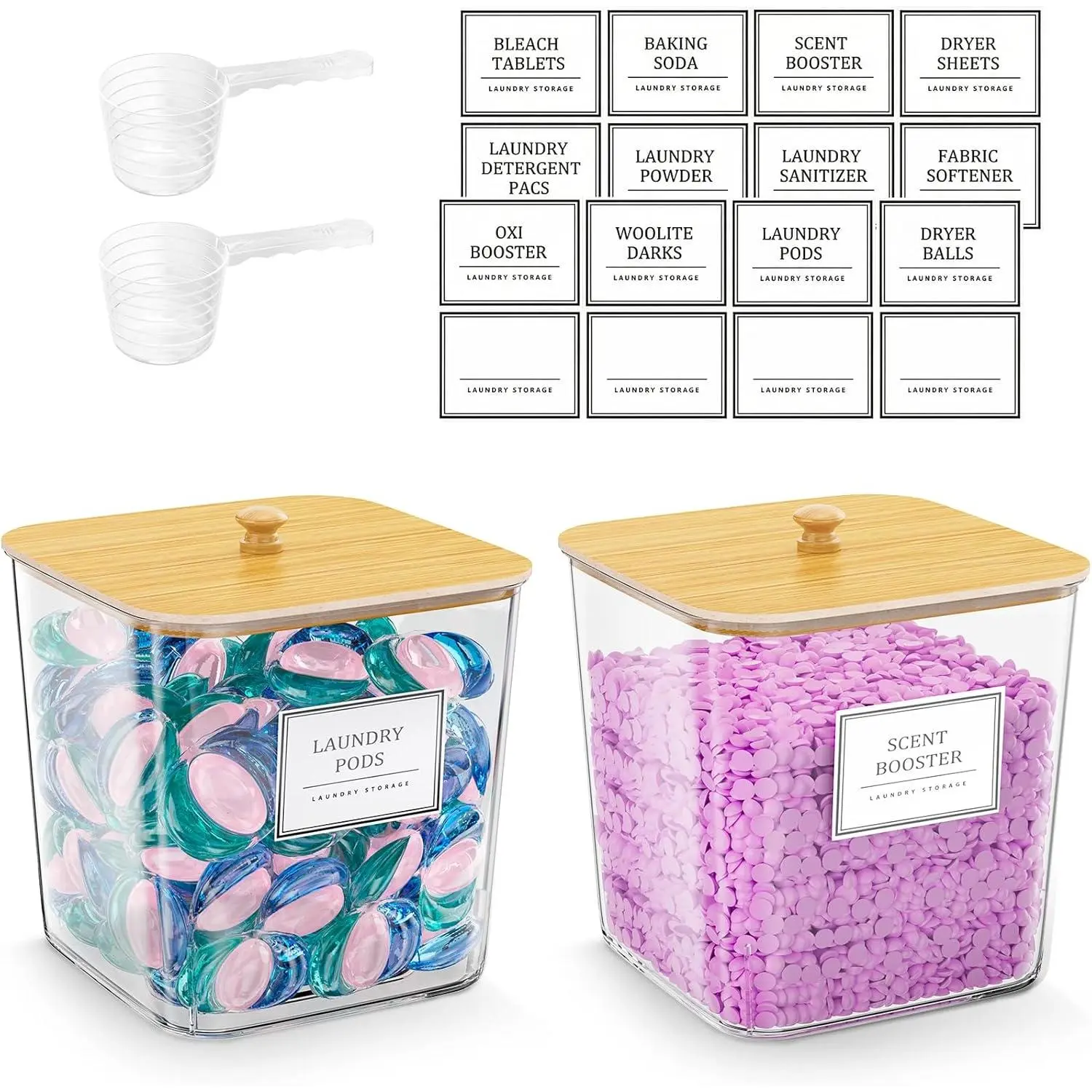 2 Pack Laundry Pods Container,Laundry Room Organization and Storage Containers with Wooden  & Labels Large Laundry Detergent Container for ,Scent Booster,Pods,Dryer Ball